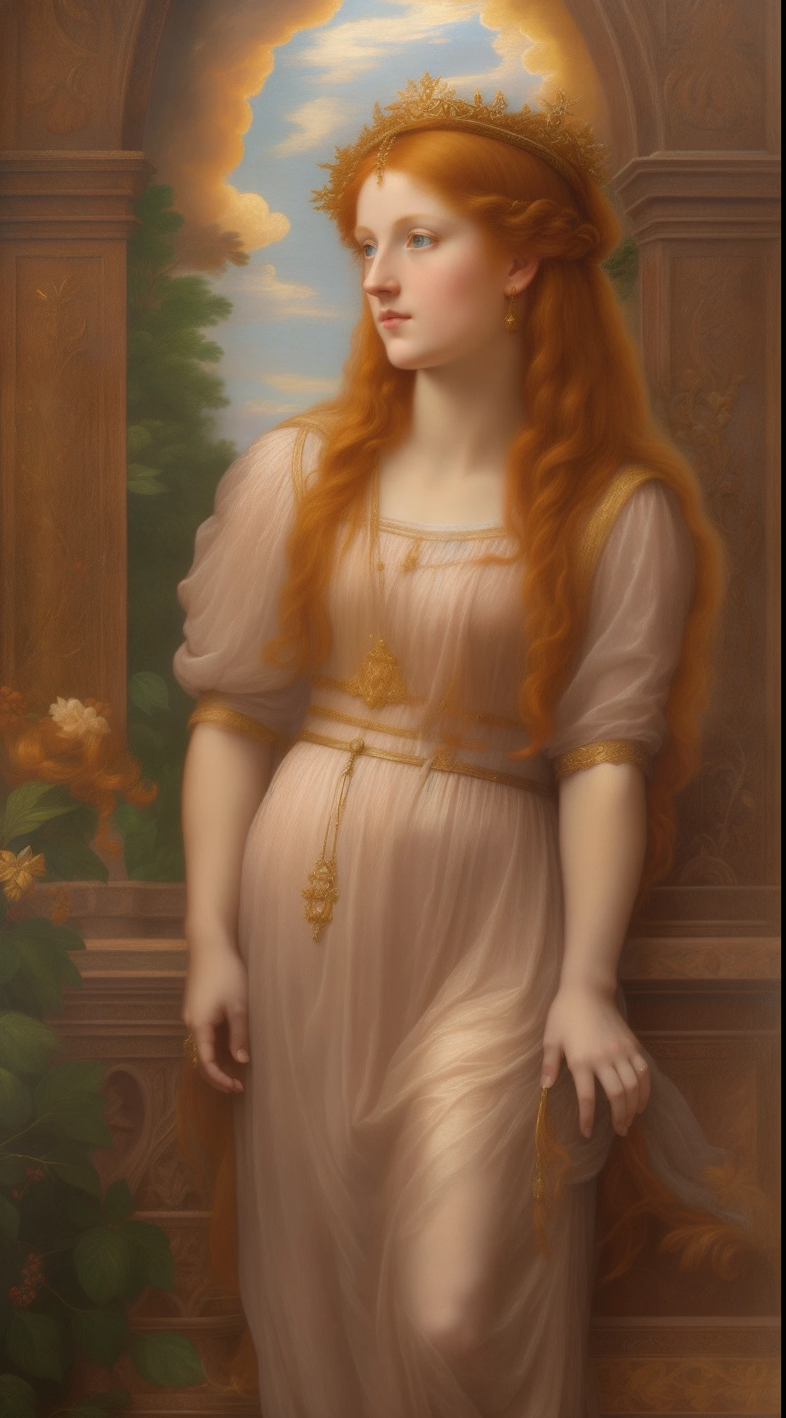 a beautiful heavenly redheaded preraphaelite with soft features in renaissance background in 5k high resolution wearing goddess clothing.