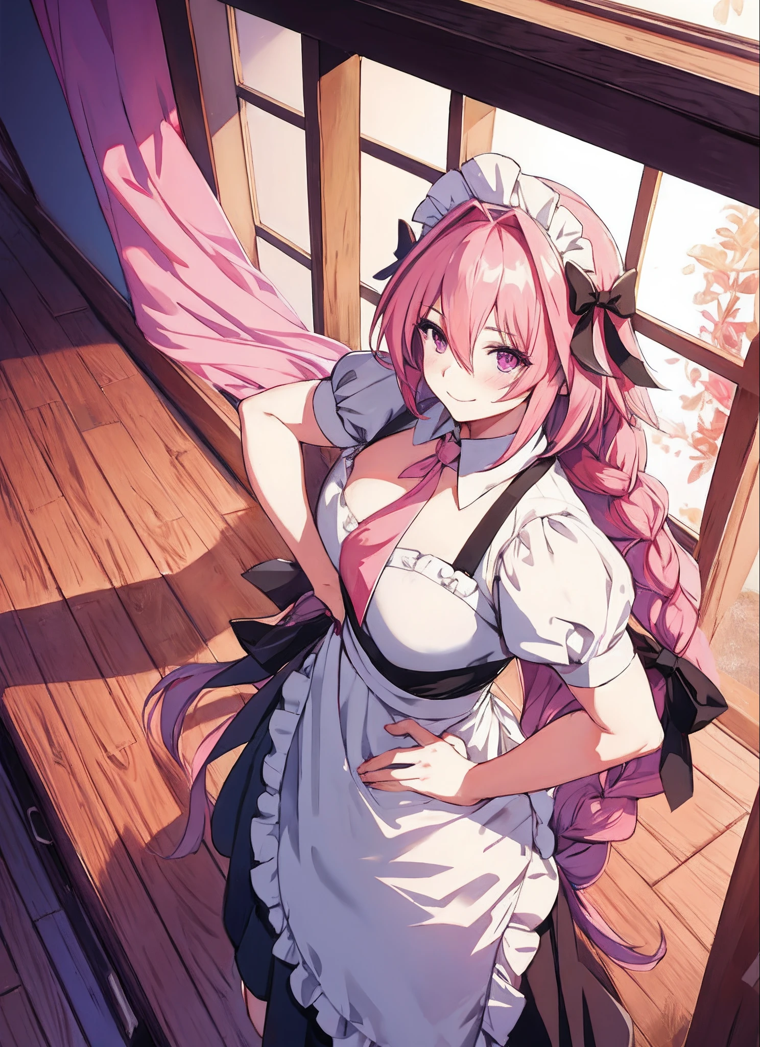 (masterpiece:1.2), ultra-detailed, illustration, , Astolfo, long braid, looking at viewer, purple eyes, hair between eyes,  hair bow, 1boy, black bow, male focus, otoko no ko, solo, pink hair, single braid, long hair, hair intakes, streaked hair, from above, smile, blush, thick thighs, solo, indoors, cafe, maid headdress, maid apron, maid, hands on hips, detailed expression,muscular male, barbarian,