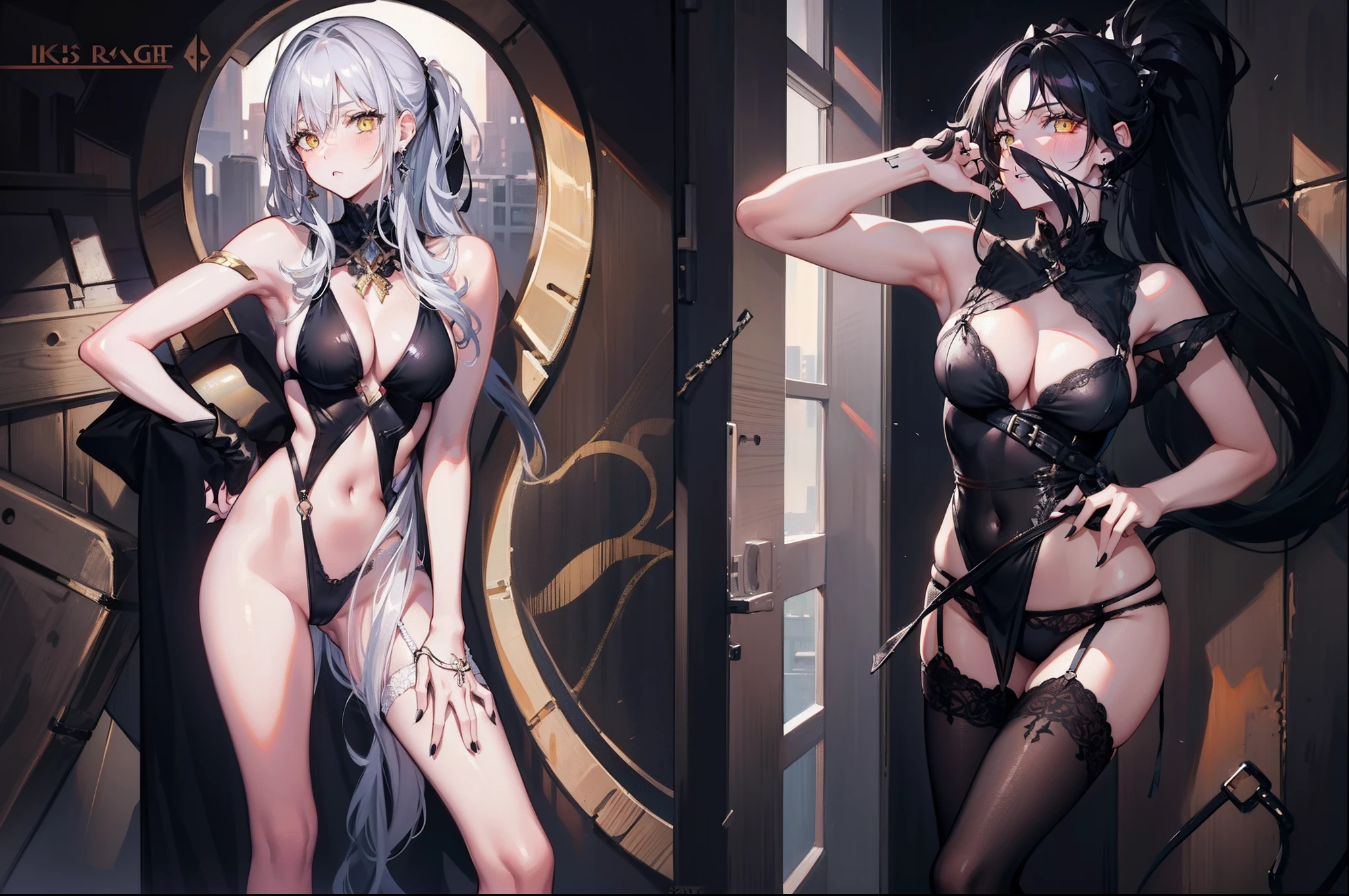 masterpiece,(bestquality),highlydetailed,ultra-detailed, 2girls, bare shoulders, black hair, black nails, blush, breasts, cleavage, earrings, garter belt, garter straps, hand on hip, high ponytail, jewelry, large breasts, leotard, long hair, looking at viewer, multiple girls, nail polish, navel, navel cutout, ponytail, silver hair, thighhighs, very long hair, yellow eyes