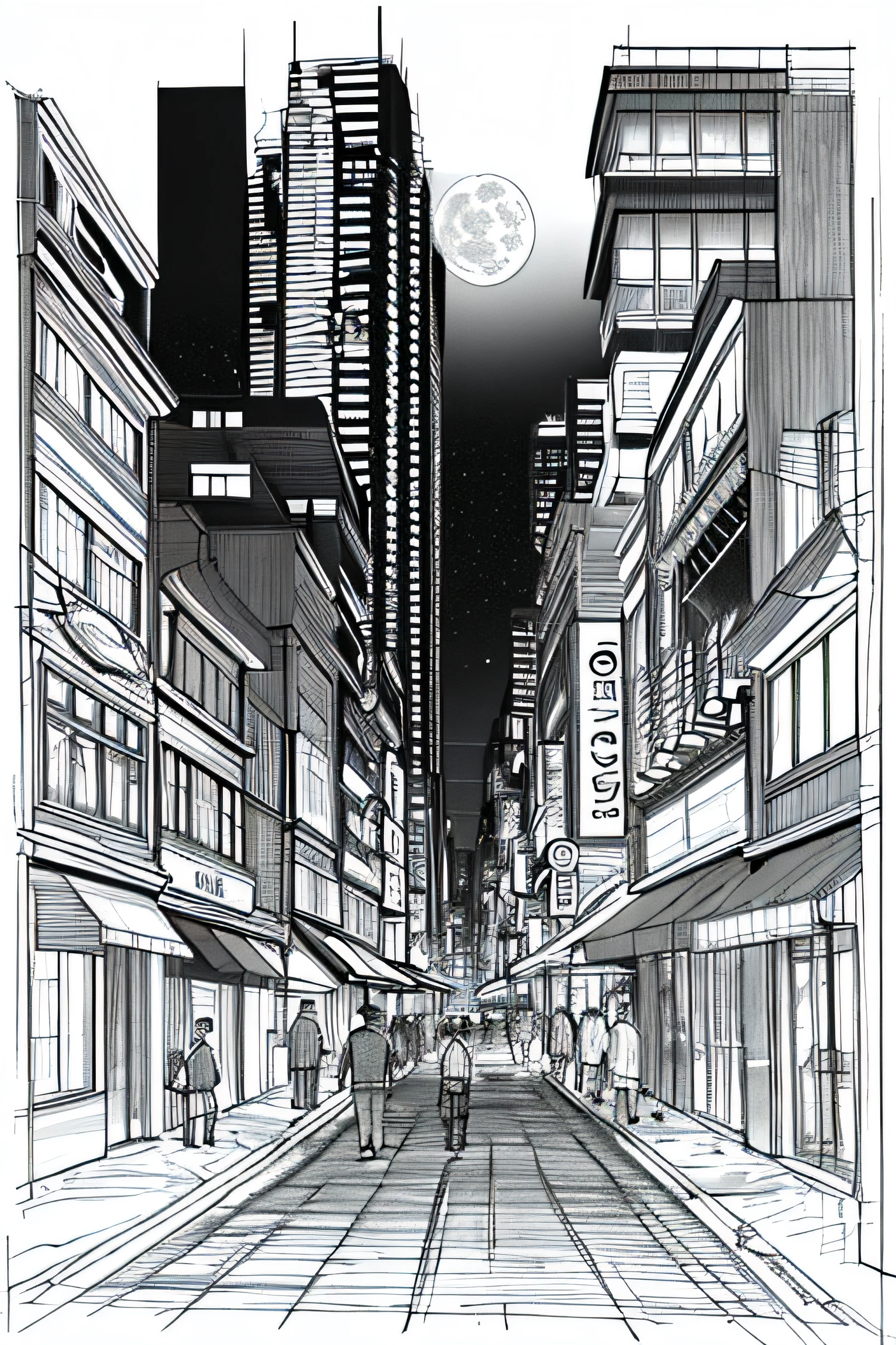 tmasterpiece, Need, Line drawing background, Image of Araffard on the city street,Cars and people walking on sidewalks,city street on the moon,Busy streets of the moon,Street moon view,city on the moon,Futuristic city streets,The moon is big in the city,futuristic street,Street City Night,city night,futuristic dieselpunk street,in city street at night, Surreal cityscape background,White background, Mono Color, Line drawings, ((sketch))