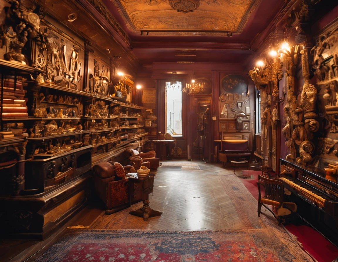 Best quality, Masterpiece, 超高分辨率, (photograph realistic:1.4), 8K,surrealism, Dream-like,(shotgun:1.5), (An antique shotgun hangs on display on the wall:1.2),In the background is a display wall of antiques,Heads-up view