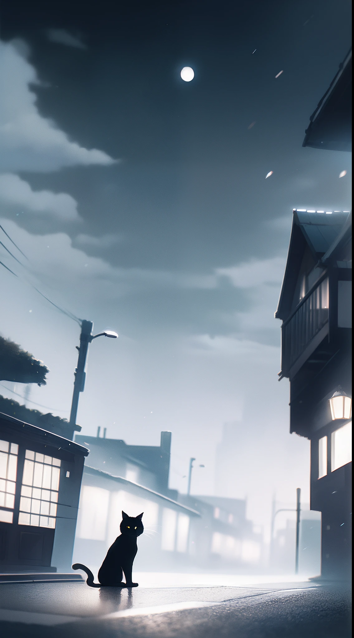 One black cat is looking at us、A lonely city、Cloudy dark sky、Depressive Atmosphere、There are no people、Old、hazy、Monochrome town、White haze、Background bokeh
