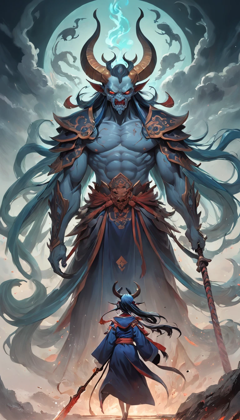 tmasterpiece,best qualtiy,超高分辨率,Detailed details,A picture of a demon with a rake,Beautiful pig-headed male Grim Reaper,详细的脸,mohrbacher,inspired by Shunkōsai Hokushū,in the artistic style of mohrbacher,asura from chinese myth、the god of chaos,Inspired by Ryūkōsai Jokei,in style of peter mohrbacher