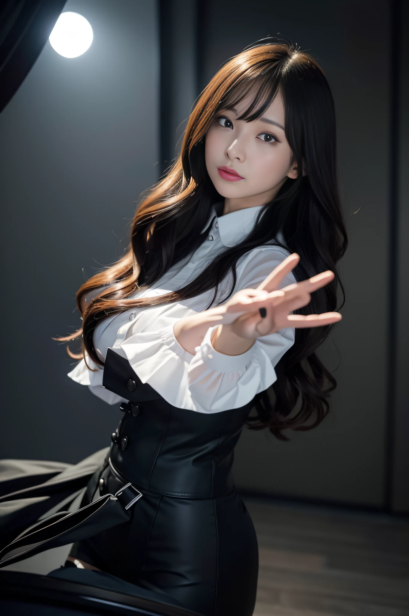 Charming beauties、Officelady、frill shirt、Long curls、charming oval face、二重まぶた、Clear eyes、The ultra -The high-definition、The ultra-detailliert、Expressing adult femininity、top-quality、8K、ultra-detailliert、soio、9 head body、Night、Move ki、The Darkness、seductiv、brainwashed、Evil Fall、wicked、darkness