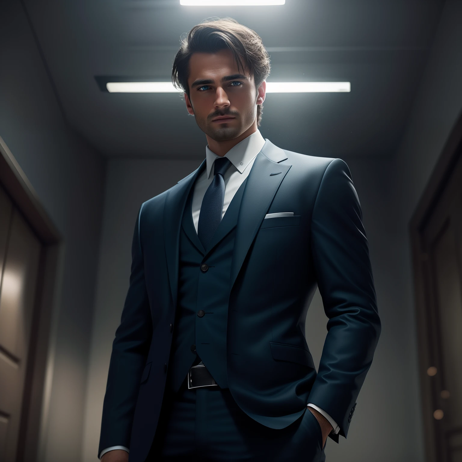 a Man standing with 30 years in dark blue suit and tie, body and head straight in the photo, facing the viewer of the photo, eyes fixed to the lens, hair all back and black, eyes light blue, appears shoulders and head in the photo, man centered in the photo, 8k, best quality, masterpiece, realistic, realistic photo, movie photo, ultra realistic, 1 person, detailed, perfect lighting, DSRL, professional photo, 4k
