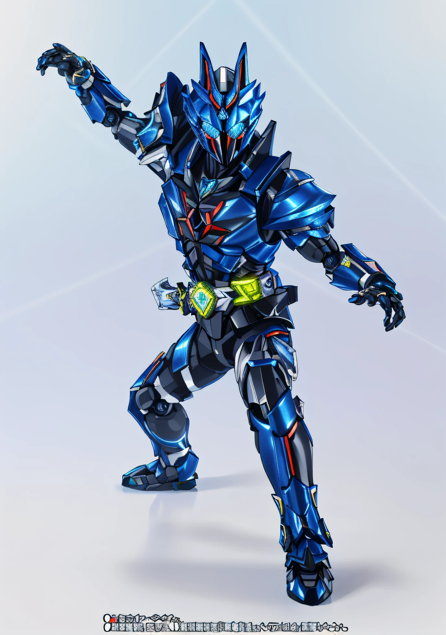 Close up of toy characters with blue and black robots, kamen rider action pose, high fantasy kamen rider, cyber japan style armor, kamen rider character, cyber japan armor, Kamen Rider, ultra hyper-detailed, 2023 4K, battle action pose, Blue Robot, detailled image