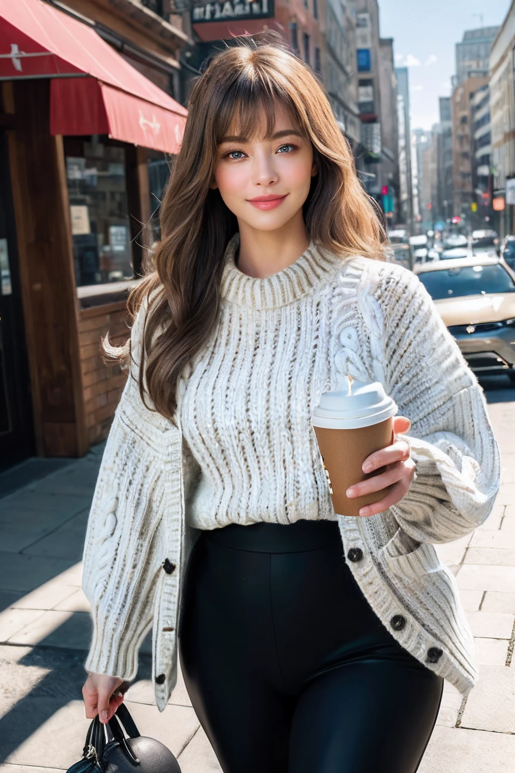 (masterpiece, best quality:1.4), (modern days), (cowboy shot), 1girl, solo, pov, sfw, stunning girlfriend, (standing:1.1), dynamic pose, (white oversized sweater, knit sweater:1.4), (skinny yoga pants, dark gray yoga pants: 1.4), (navy short jacket, denim jacket: 1.4), long blonde hair, bangs, heart-shaped face, elegant face, beautiful face, high detail face, high detail skin, skin pores, subsurface scattering, (blue eye details), realistic pupils, plump breasts, loving smile, looking at the audience, full blush, plump lips, holding a coffee cup, centered, coffee shop in background, city street, sunny day, wind, detailed background, depth of field, Atmospheric perspective, volumetric lighting, clear focus, absurd, realistic proportions, good anatomy, (realistic, hyper-realistic:1.4), 16k HDR,