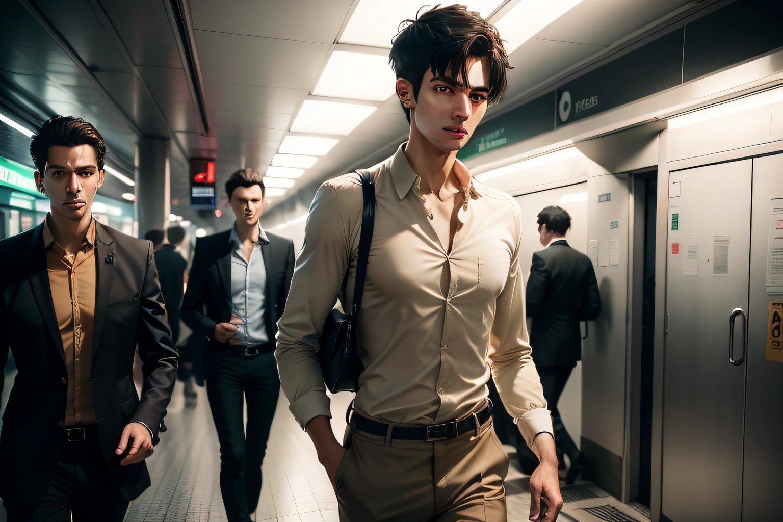 Ultra realistic 8k image of a slim 25 year old male, short black hair, extremely detailed eyes, dressed in a beige button-up shirt and beige pants, walking in a subway station, scared expression