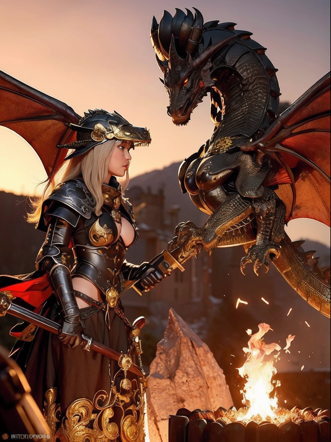 Professional , ​masterpiece、top-quality、photos realistic , depth of fields 、（Dragon Black Metal Body:1.９),(Mattretto、（cleavage of the breast）、Dragon Gold Weapon、（Micro Bikini Armor:1.４),Gorgeous gold weapons ,Particles of light、Particles of light、（（ Dragon's dense and gorgeous sword）） , （demonic wings）、（（a blond））、（Castle background）、Fight dragons、（（Gangle's forest background））、Take intense poses、Beautiful Caucasian beauty、１a person、dynamic ungle,(((Detailed and ornate dragon helmet)))、Smaller head、A smile、Castle background、Thin and beautiful female hands、cleavage of the breast、Soldier in iron armor on background、Mystical expression、Light Effects、intense fighting、Wind-effect、magic circles、With the legendary magic wand、Dragon's tail、explosions、