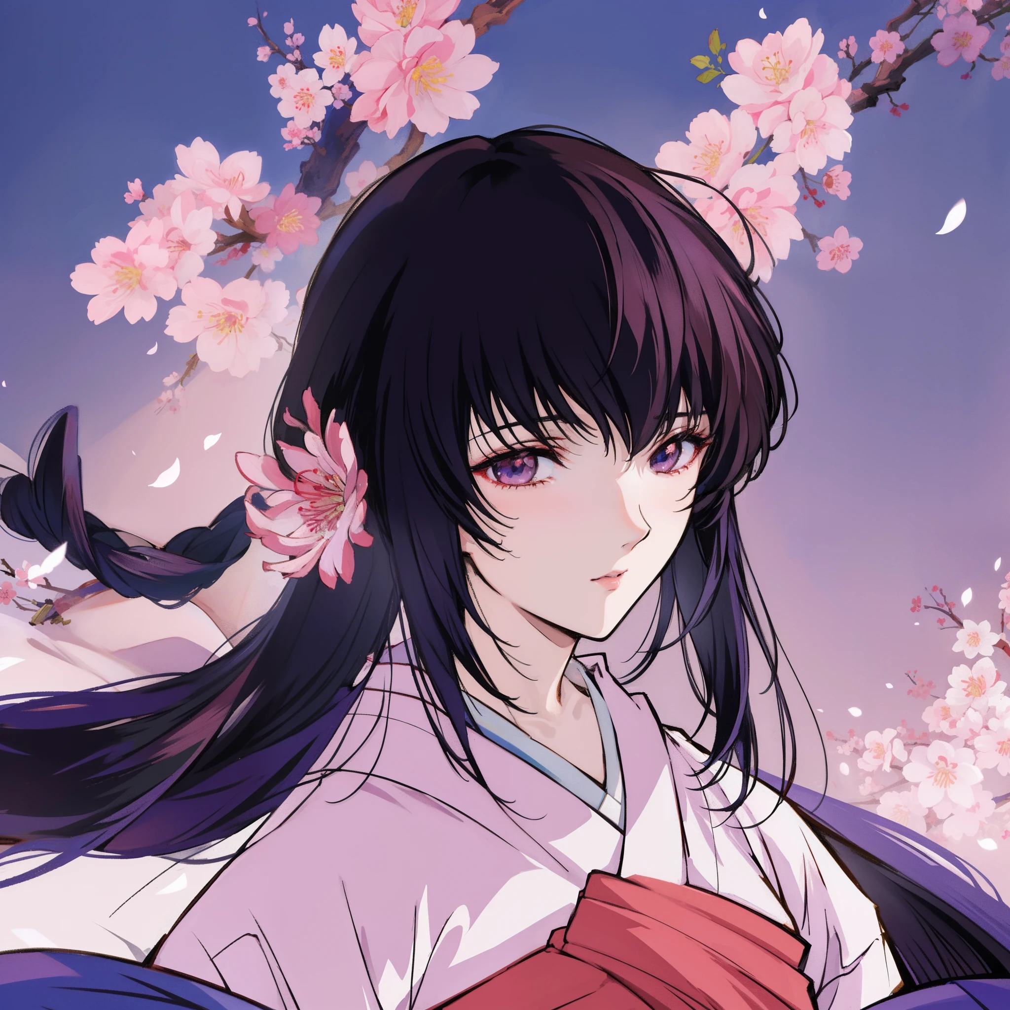masterpiece, best quality, 1girl, solo, Yukishiro Tomoe, blackhair, kimono, japanese clothes, beautiful face, beautiful eyes, perfect body, upper body, looking at the side, sakura blossom, high detailed illustration, high detailed background, hi-res