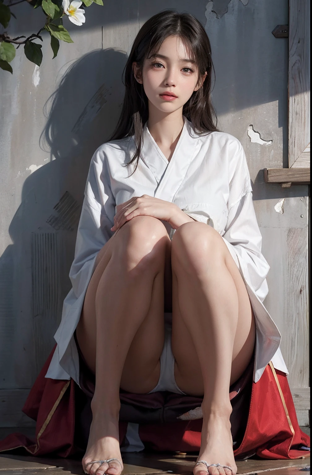(A hyper-realistic), (illustratio), (hight resolution), (8K), (ighly detailed), (The best illustrations), (beatiful detailed eyes), (top-quality), (ultra-detailliert), (masterpiece), (wall-paper), (detailed face), droopy eyes,full of sweat, full body, long legs , middle-hair,inner colored,solo,Girl in simple white underwear, japanes, Colossal tits、A smile, cute ass, thin thigh, beach