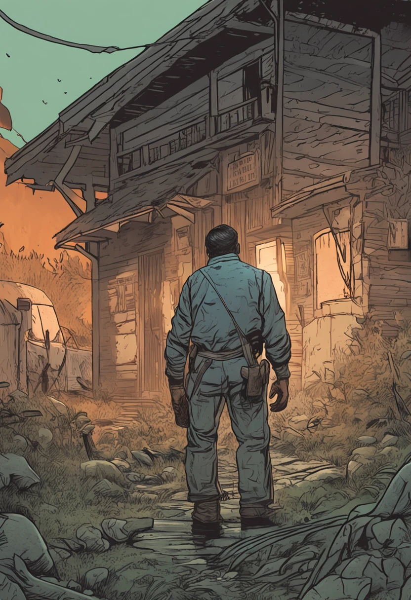 A middle-aged man in overalls kills weasels in the yard，Eerie light，It was dawn，high high quality，fog atmosphere，(Chinese folk suspense supernatural comic style),High detail, Sharp focus, Dramatic，The art of painting by Midjourney and Greg Rutkowski, Bokeh on the background