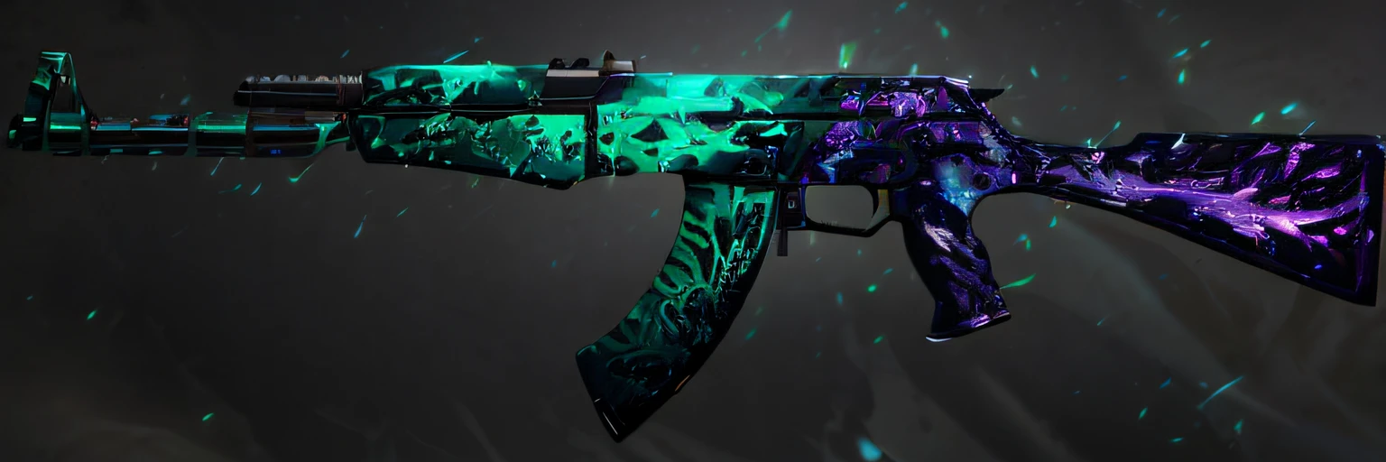 Close up of green and purple AK-47 with black background, alien exotic, painted in the style arcane, red colored skin, obsidians skin, crystalline skin, deathly skin, Glowing skin, sci-fi skin, fractal skin, chaos nightmare ❄️ amour venom, Beautiful surreal pistol, AK45