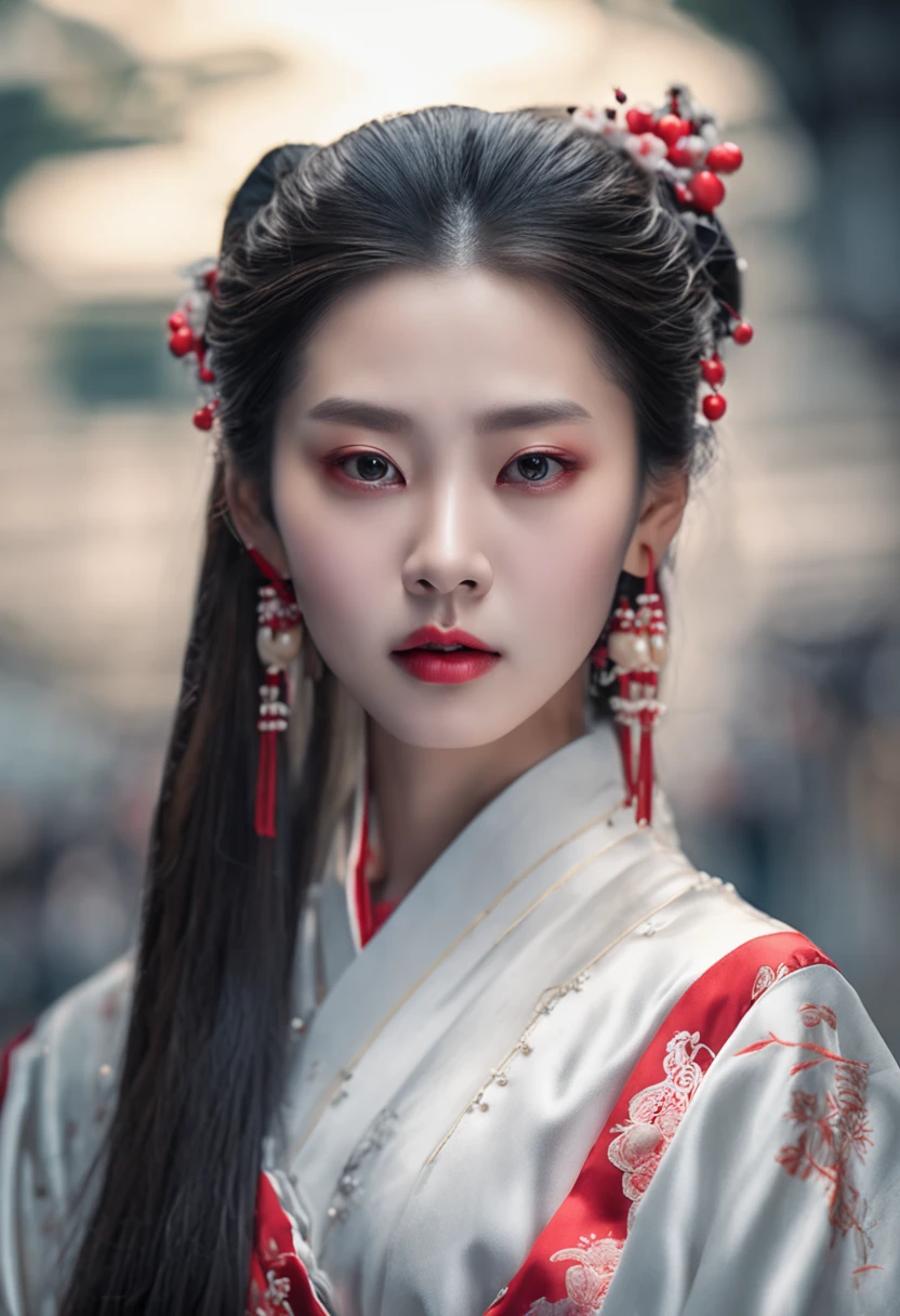 Photorealistic, high resolution, 18 years old woman, Solo, Hips up，Looming, Beautiful eyes, Long hair, Pure white Hanfu, The red dot on the forehead Chinese, Gorgeous accessories, Wearing pearl earrings