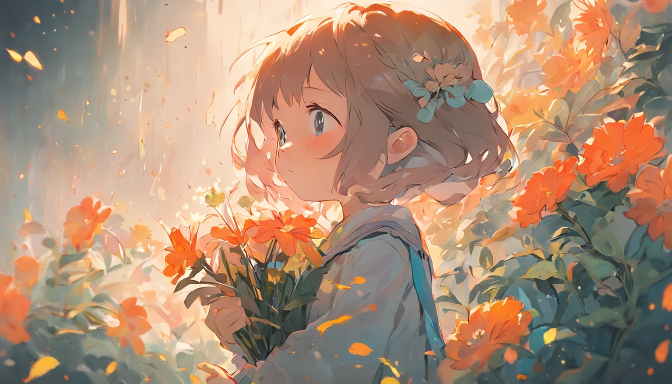 holding flowers,Meticulous painting style,Soft and fresh colors,Gentle lighting effects,Picturesque picture quality,Warm atmosphere