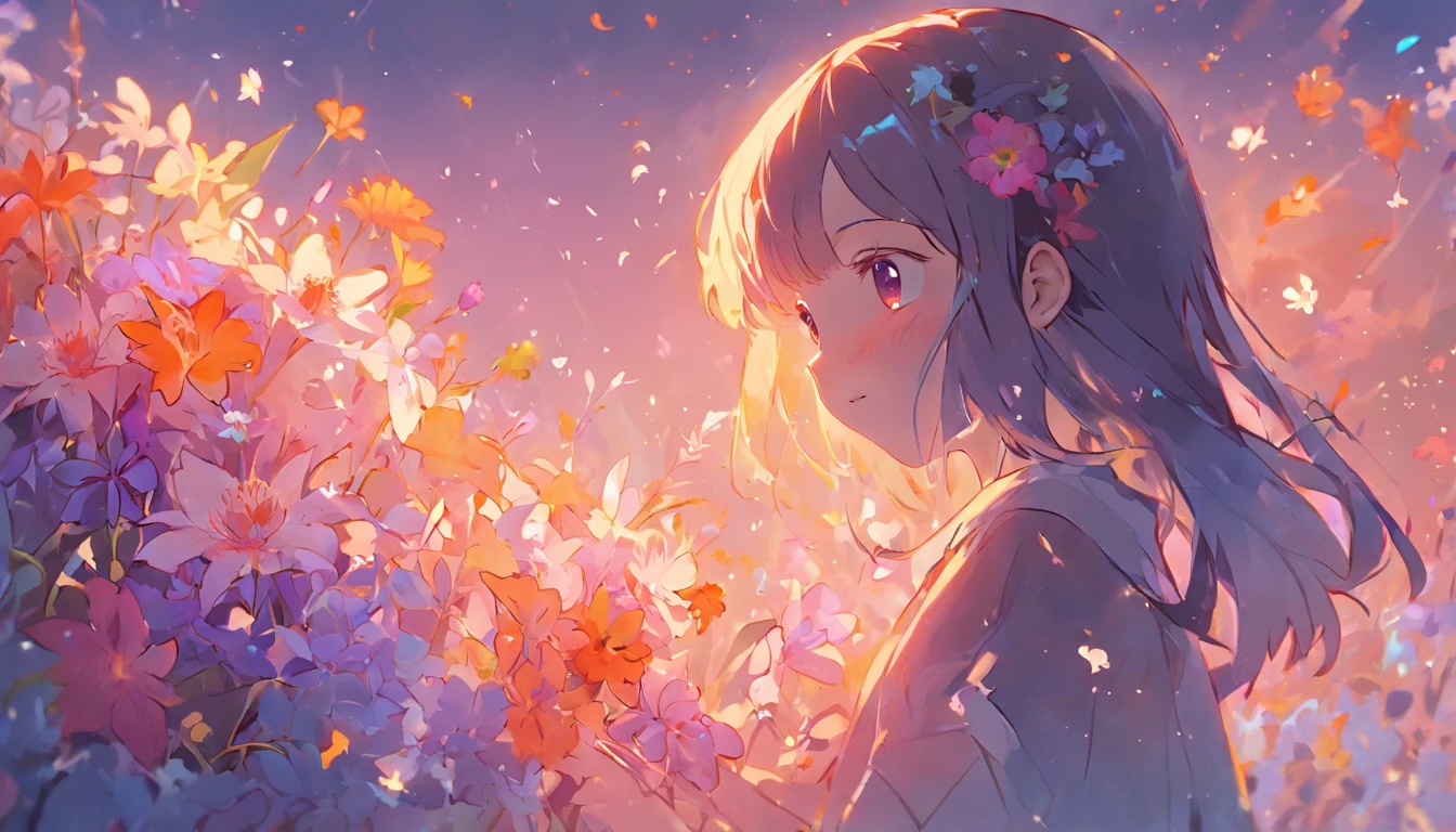 holding flowers,Meticulous painting style,Soft and fresh colors,Gentle lighting effects,Picturesque picture quality,Warm atmosphere