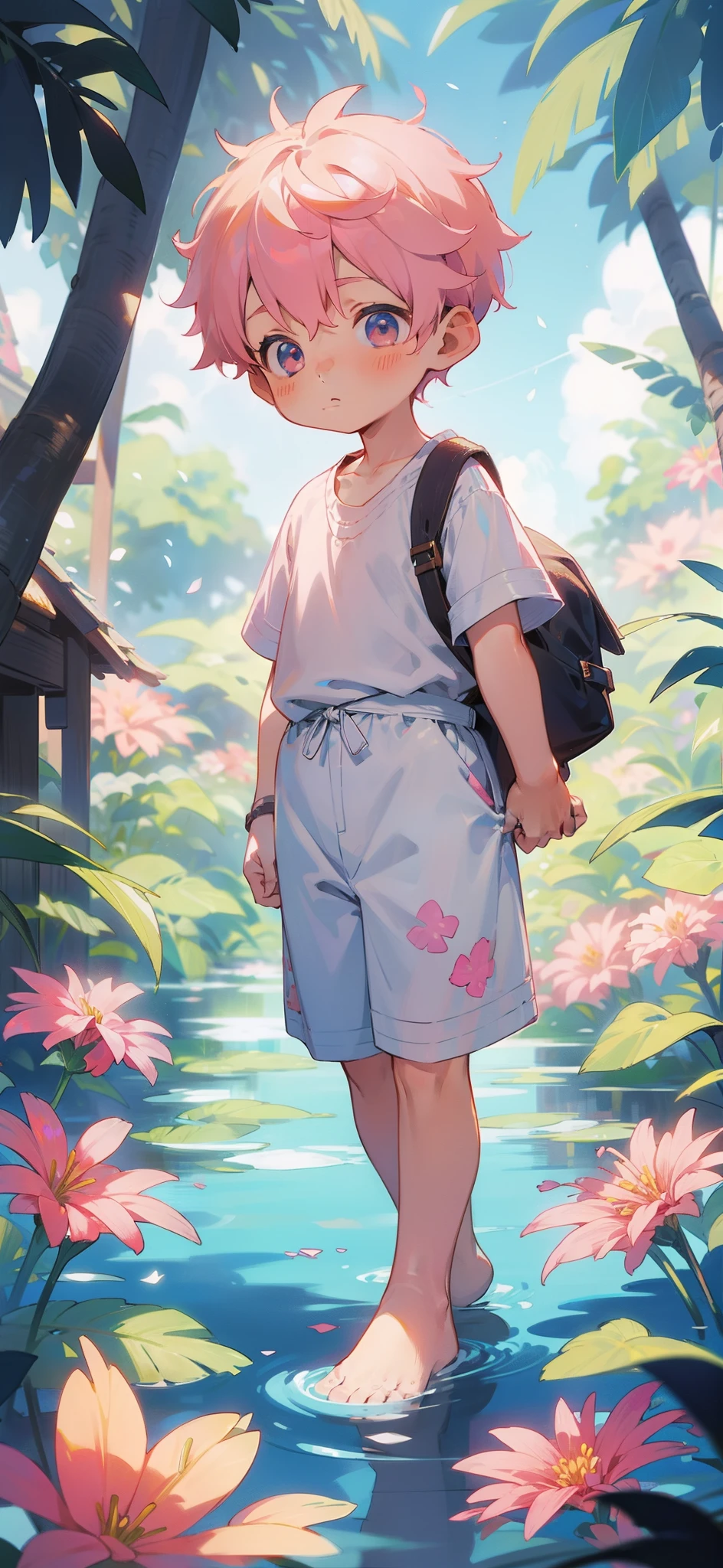 Little Shota walking in a sea of flowers with light pink hair and bare feet