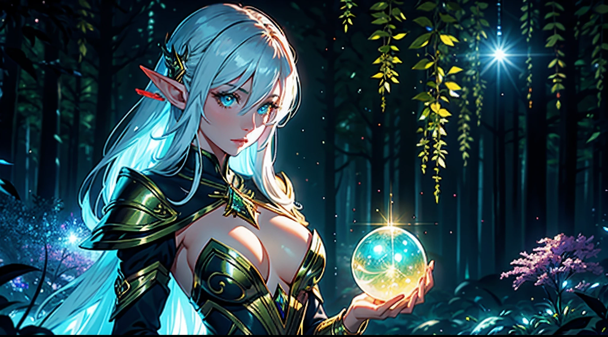 1 beautiful female high elf is holding and looking at a luminous crystal orb, elfic forest in the background, depth of field, glowing lights, fantasy theme, night, dynamic composition, ultra definition, ultra resolution, intricate details, volumetric light, soft lighting