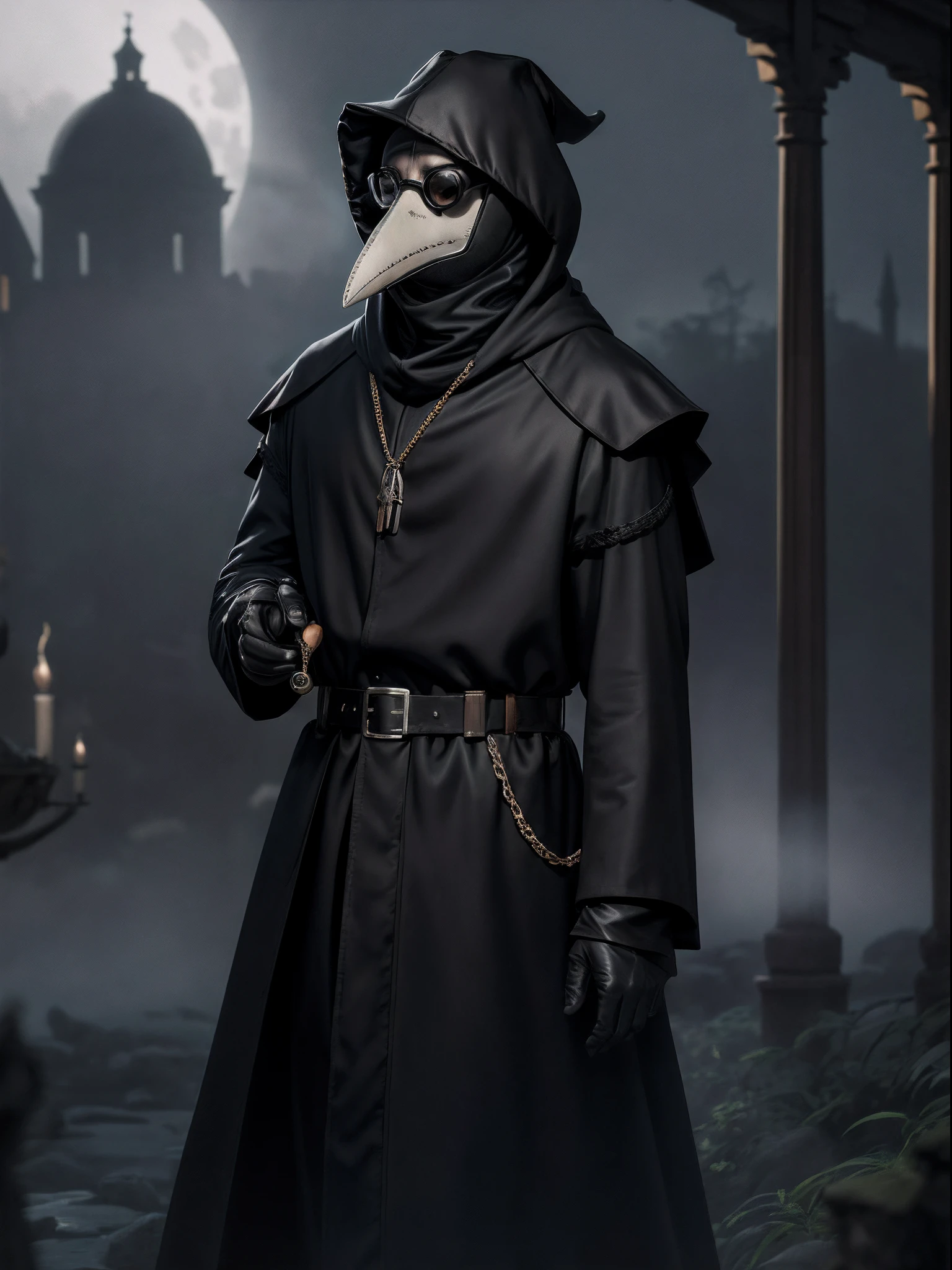 Beautiful, (masutepiece:1.2), (Best Quality:1.2), Realistic, Perfect eyes, Perfect face, Perfect Lighting, 1boy, plague doctor, hoods, Mask, Plague Doctor Mask, Faceless, Have a potion, Evil look, skull belt,Round Lens Goggles,silk hat, chain, Black veil, trench coat, beaked mask, volume illumination:1.1, darkness, (detail: 1.2), cana, Floating particles, (depth of fields), High quality, Fujifilm 85mm, Ruins, landscape, highly detailed back ground, Nightmare, 8K, Convoluted, Grip, Mysterious,Black fog, Long nails