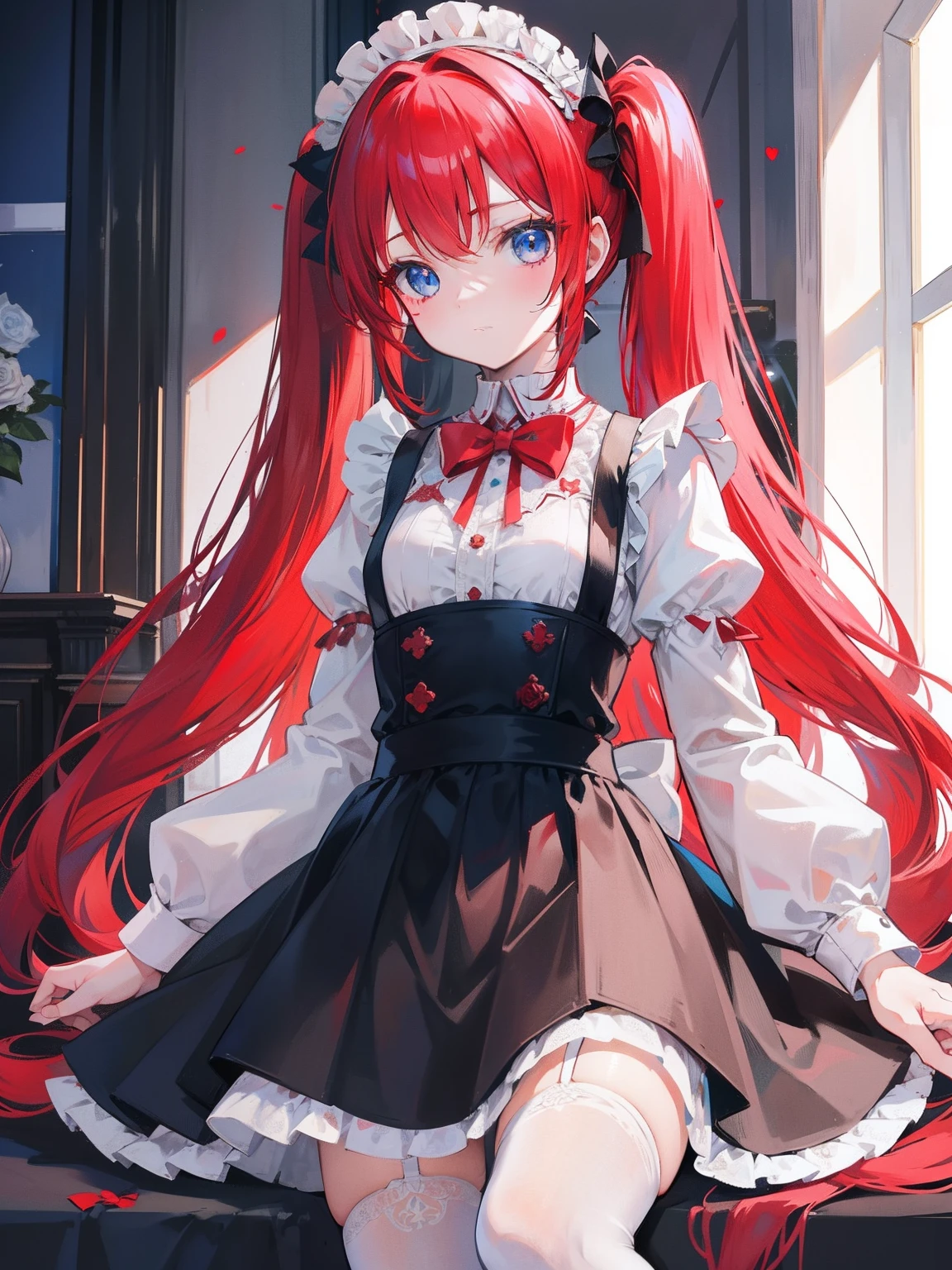 red hair,blue eyes,twintails,maid, long hair, long sleeves, gothic, solo, loli,Short skirt, white stockings,{{best quality}}, {{masterpiece}}, {{ultra-detailed}}, {illustration}, {detailed light}, {an extremely delicate and beautiful},little girl,cute,white roses