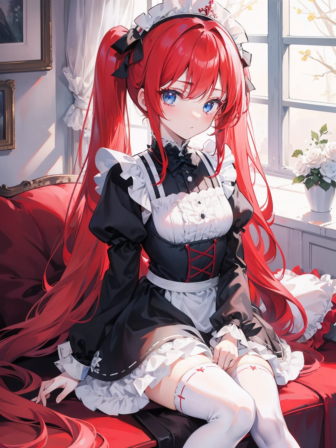 red hair,blue eyes,twintails,maid, long hair, long sleeves, gothic, solo, loli,Short skirt, white stockings,{{best quality}}, {{masterpiece}}, {{ultra-detailed}}, {illustration}, {detailed light}, {an extremely delicate and beautiful},little girl,cute,white roses