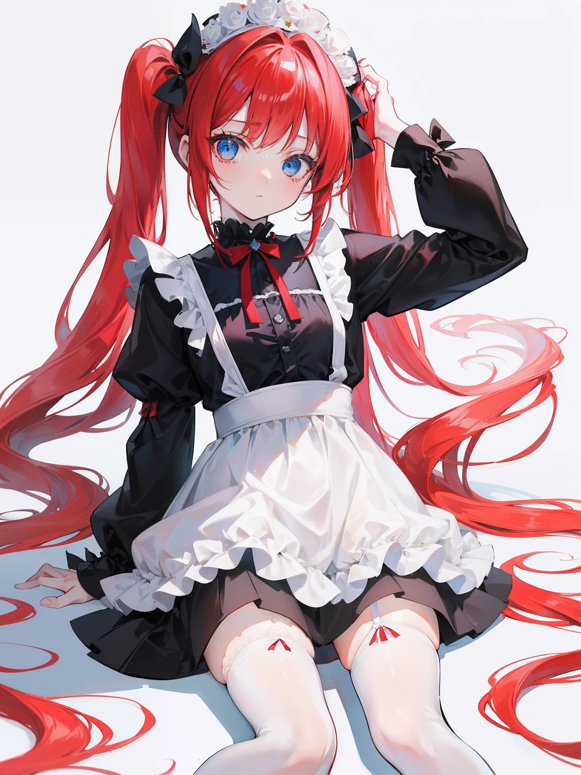 red hair,blue eyes,twintails,maid, long hair, long sleeves, gothic, solo, loli,Short skirt, white stockings,{{best quality}}, {{masterpiece}}, {{ultra-detailed}}, {illustration}, {detailed light}, {an extremely delicate and beautiful}, girl,cute,white roses