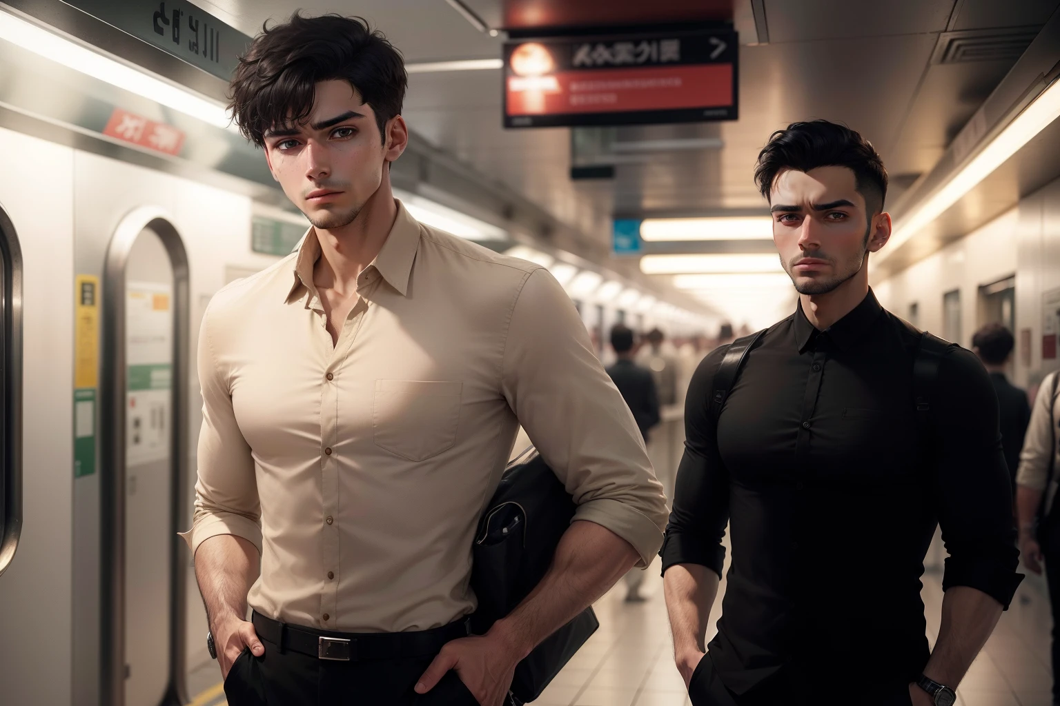 Ultra realistic 8k image of slim 25 year old male, short black hair, extremely detailed eyes, dressed in a beige button-up shirt and beige pants, standing in a subway station, scared expression