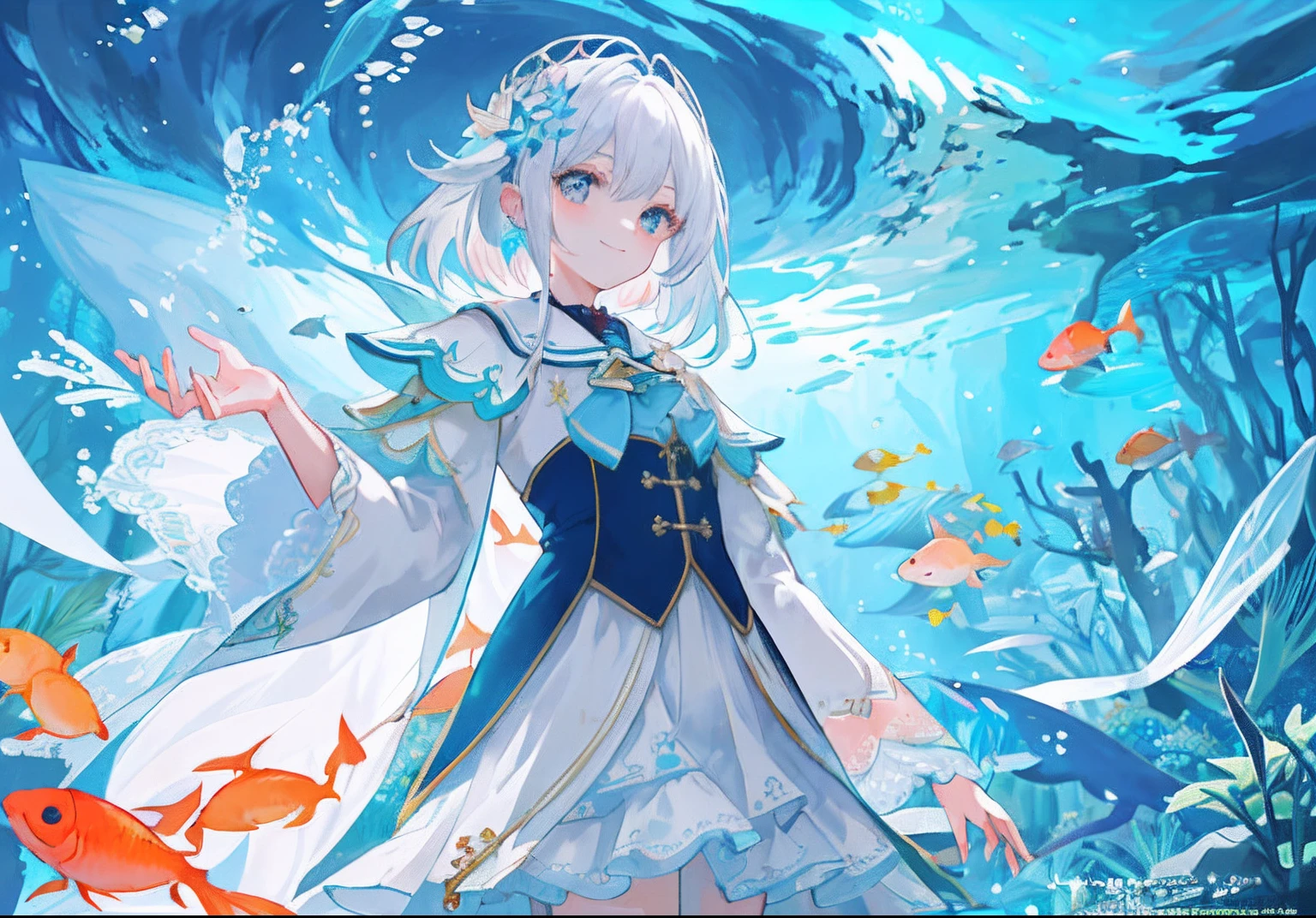 Anime girl in a white dress with blue hair and a fish - SeaArt AI