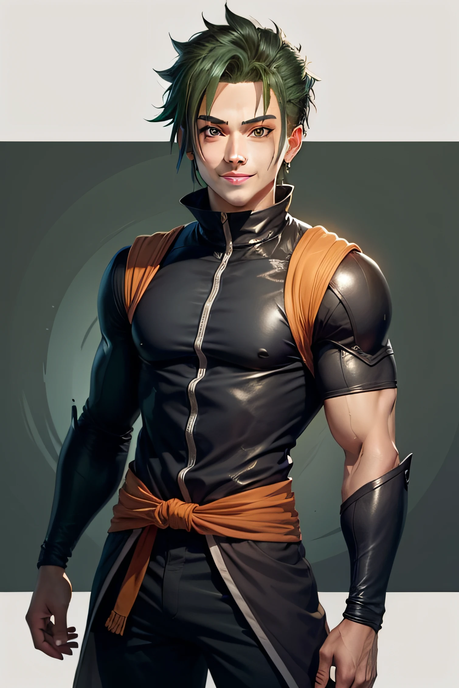 Create a male avatar that is a green-haired ninja smiling, que tenha uma cicatriz no seu olho direito, Anime protagonist appearance, e que use uma roupa igual a do Naruto, que tenha um pequeno cavanhaque
