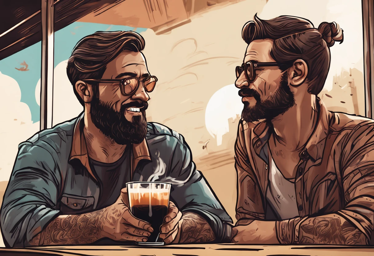 potrait gentleman brewing black coffee, shirt, tribal tattoo, beard, arm muscle, in coffee shop, feel brave, 8k photo, HD image, retro, vintage, indoor