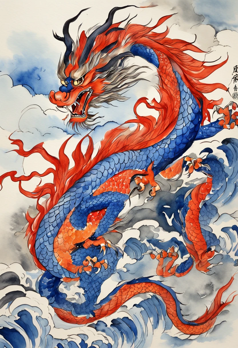 A dragon with blue flames, An exaggerated perspective, Unique yokai illustration, Details of realism, Qi Baishi style --niji 5 --ar 16:9 --relax