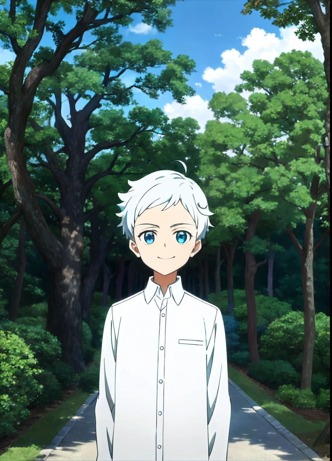 A promise of Neverland masterpieces， Best quality at best， 1boys， The shirt， blue color eyes， 独奏， ln the forest， white  shirt， number tattoo， naturey， short detailed hair， looking at viewert， white color hair， The tree， ssmile， ahoge， The upper part of the body， with her mouth open， exteriors， collared shir