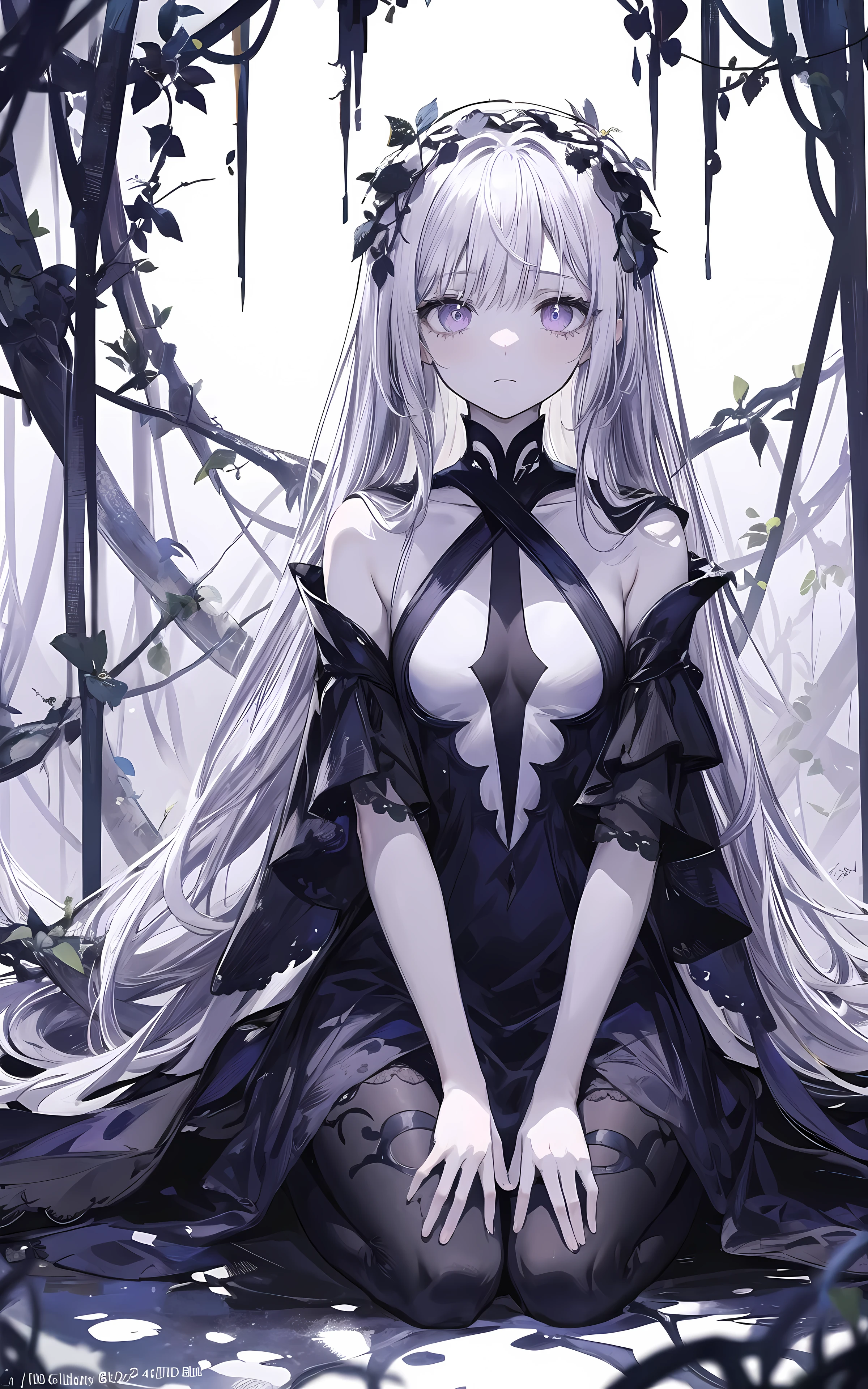 ((masterpiece:1.4, best quality))+, (ultra detailed)+,(ultra detailed eyes)+,
(cute 1girl),,(violet eyes:1.15),silver hair, very long hair,(wariza:1.2),pale skin,closed mouth,sad,
(She is dressed in a gown made of intertwining vines:1.5),(flat chest:1.2),(vines dress:1.4),(dress made of vines:1.2),(surrounded by vines:1.4),
(despair:1.3),gothic,
(dark yellow vines:1.3),leaves,(vines tree:1.1),
(dawn light:1.2),violet,
(heavy Monochrome:1.16),(depth of field:1.4),