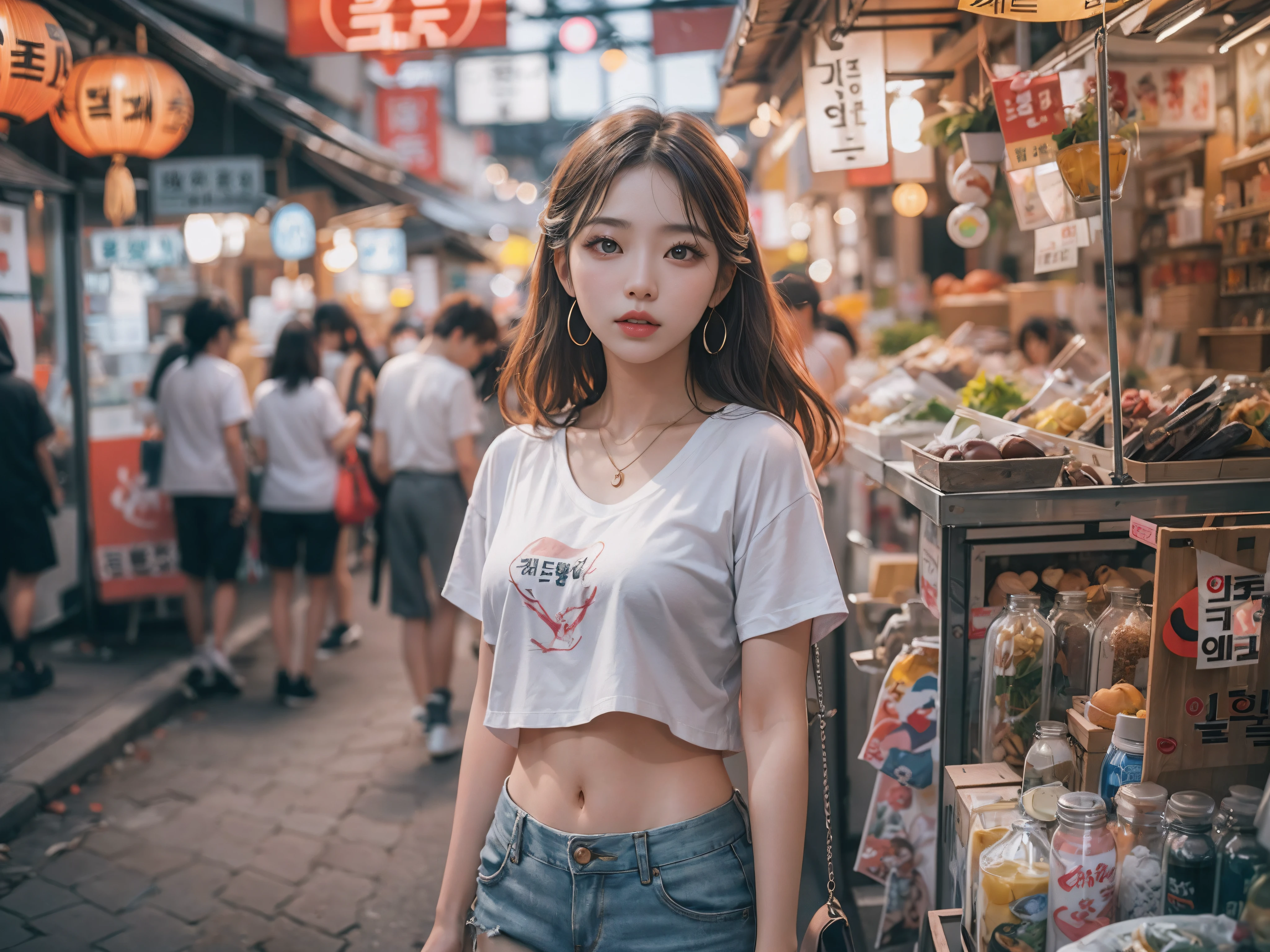 8k, top-quality, (pubic hair beauty)、hight resolution, realisticlying, realperson, Woman standing in front of a stall on a busy street、a picture inspired by Yuumei、Unsplash Contest Winner、真实感、a Korean girl、Ulzo、Beautiful Korean Woman、chinaese girl、Popular Korean Makeup、Korean Female Fashion Models、Popular Korean Makeup、Beautiful young Korean woman、Street fashion in the streets of Japan、Korean Women、japanese streetwear、shortpants、T-shirt that exposes the belly