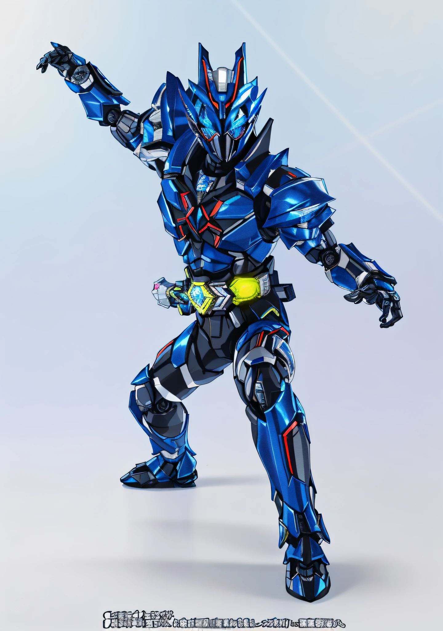 Close-up of toy character with blue and black robot, kamen rider action pose, high fantasy kamen rider, cyber japan style armor, kamen rider character, cyber japan armor, Kamen Rider, ultra hyper-detailed, 2023 4K, battle action pose, Blue Robot, detailled image