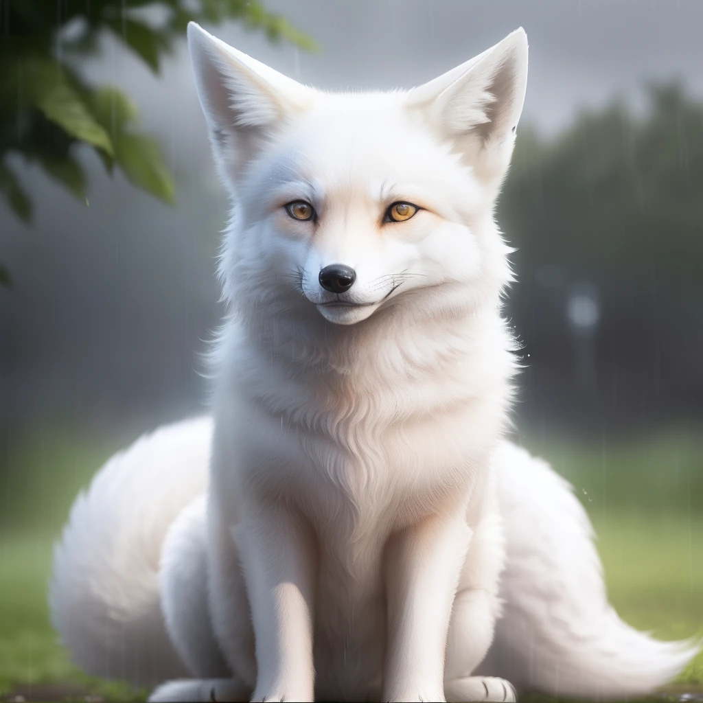 A white fox&#39;s head, a snow leopard&#39;s body and two white snake tails、Nue sitting on all fours