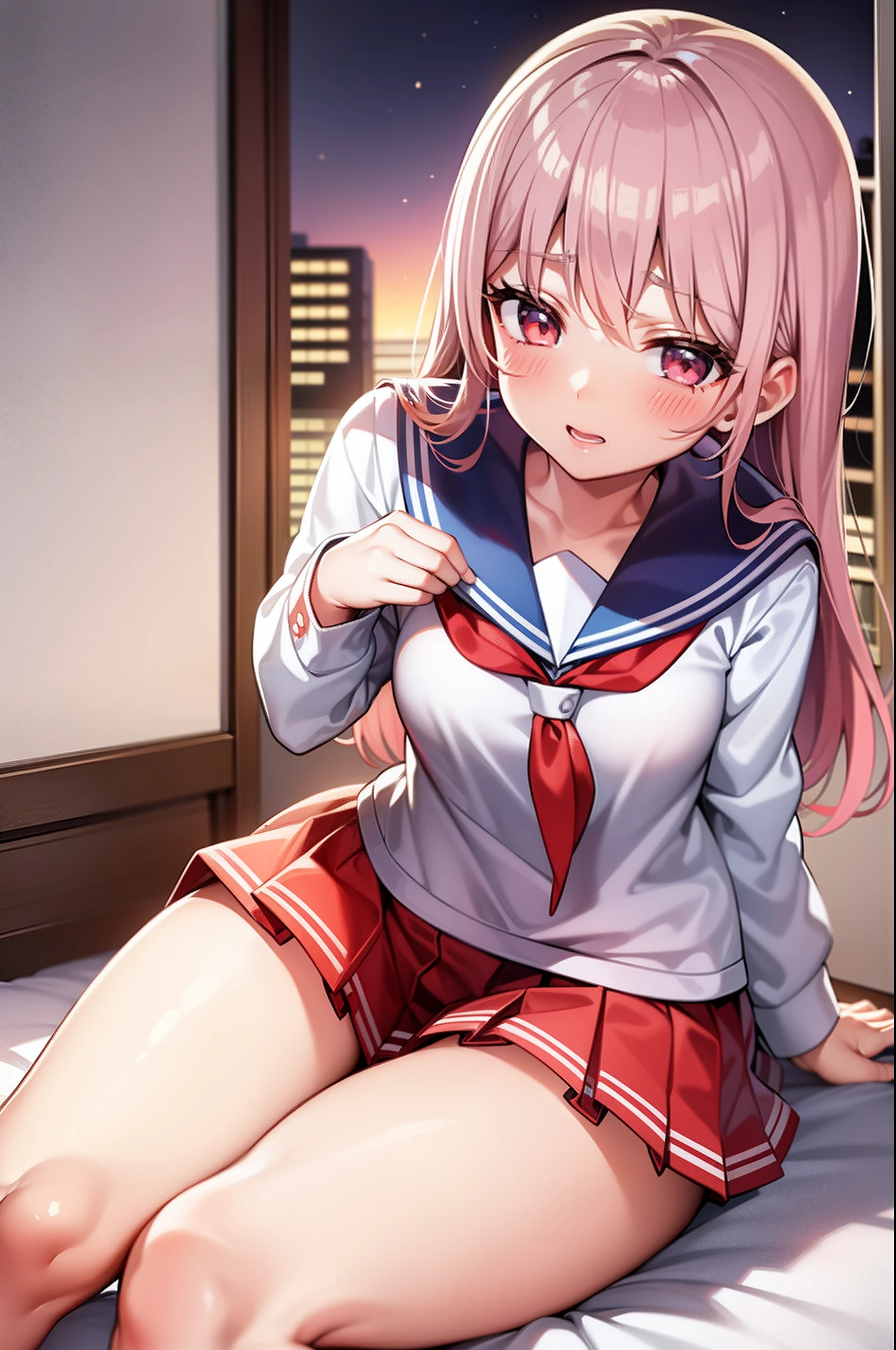  girl in a sick sailor suit with thick thighs in the school infirmary until late at night、Sitting on the bed、Red face、a moon、stele