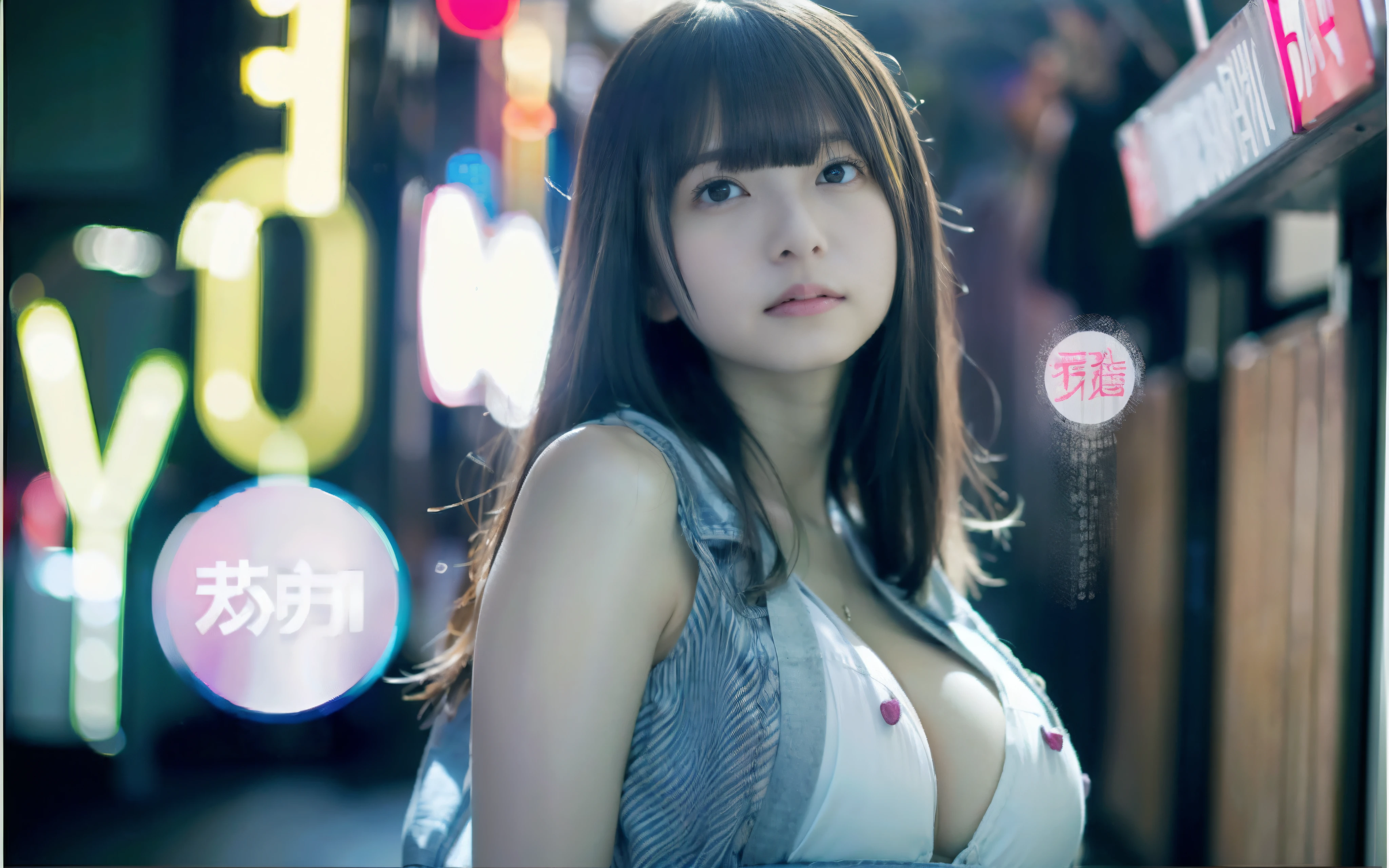 NSFW、女の子1人、on tokyo street、A city scape、Downtown at night、neons、The signboard is dazzling、The upper part of the body、a closeup、a smile、、(8K、Raw photography、top-quality、​masterpiece:1.2)、(realisitic、photoRealstic:1.37)、Highly detailed eyelash drawing、(((Top image quality))),Colossal tits、slender。Fine skin, (Beautiful hair), (Perfect Anatomy), (Realistic),Sensual look、top-quality、hight resolution、(((full bodyesbian)))、Denim tight shorts、Short T-shirt with a visible stomach、(high-heels)