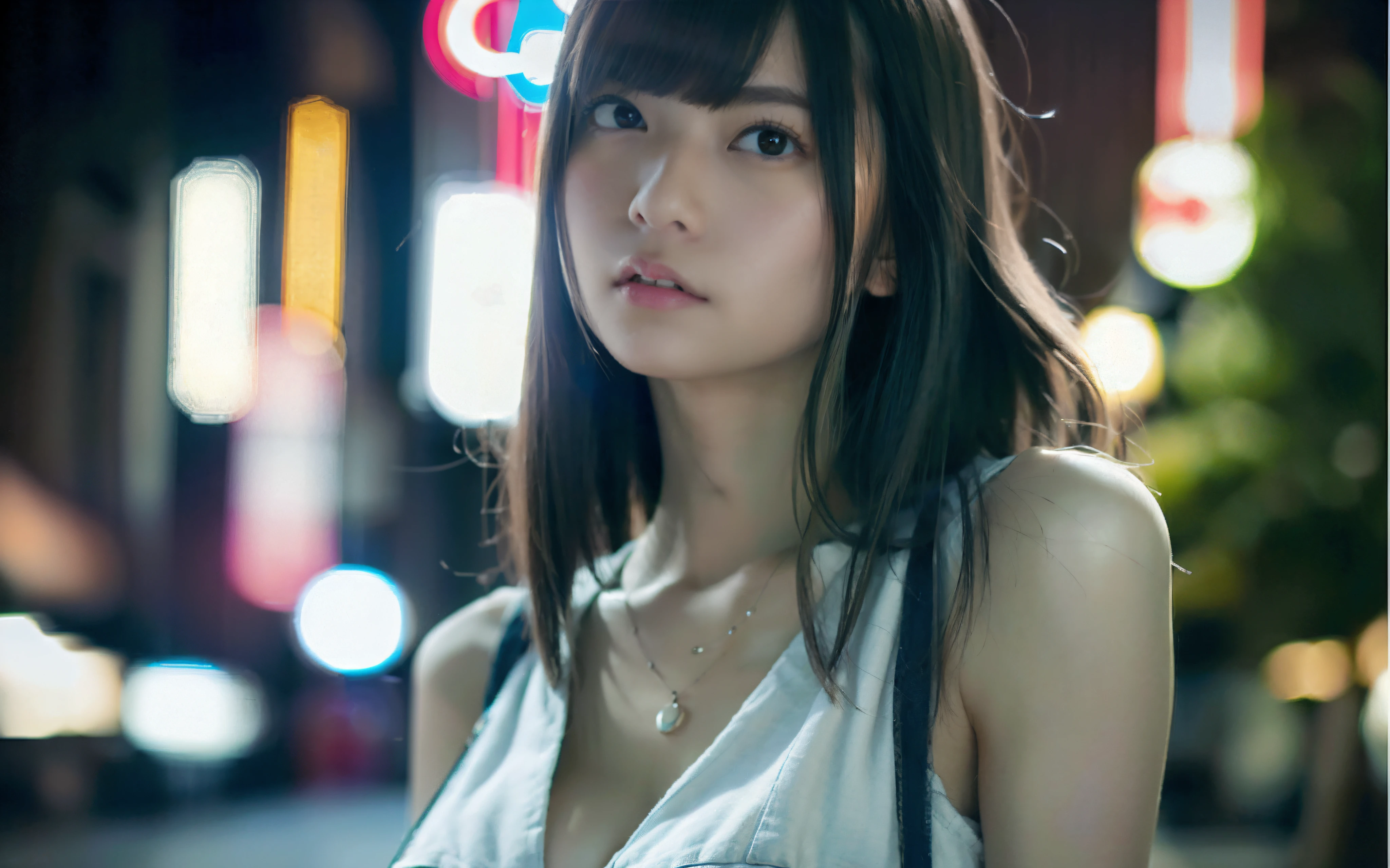 NSFW、女の子1人、on tokyo street、A city scape、Downtown at night、neons、The signboard is dazzling、The upper part of the body、a closeup、a smile、、(8K、Raw photography、top-quality、masterpiece:1.2)、(realisitic、photoRealstic:1.37)、Highly detailed eyelash drawing、(((Top image quality))),Colossal tits、slender。Fine skin, (Beautiful hair), (Perfect Anatomy), (Realistic),Sensual look、top-quality、hight resolution、(((full bodyesbian)))、Denim tight shorts、Short T-shirt with a visible stomach、(high-heels)