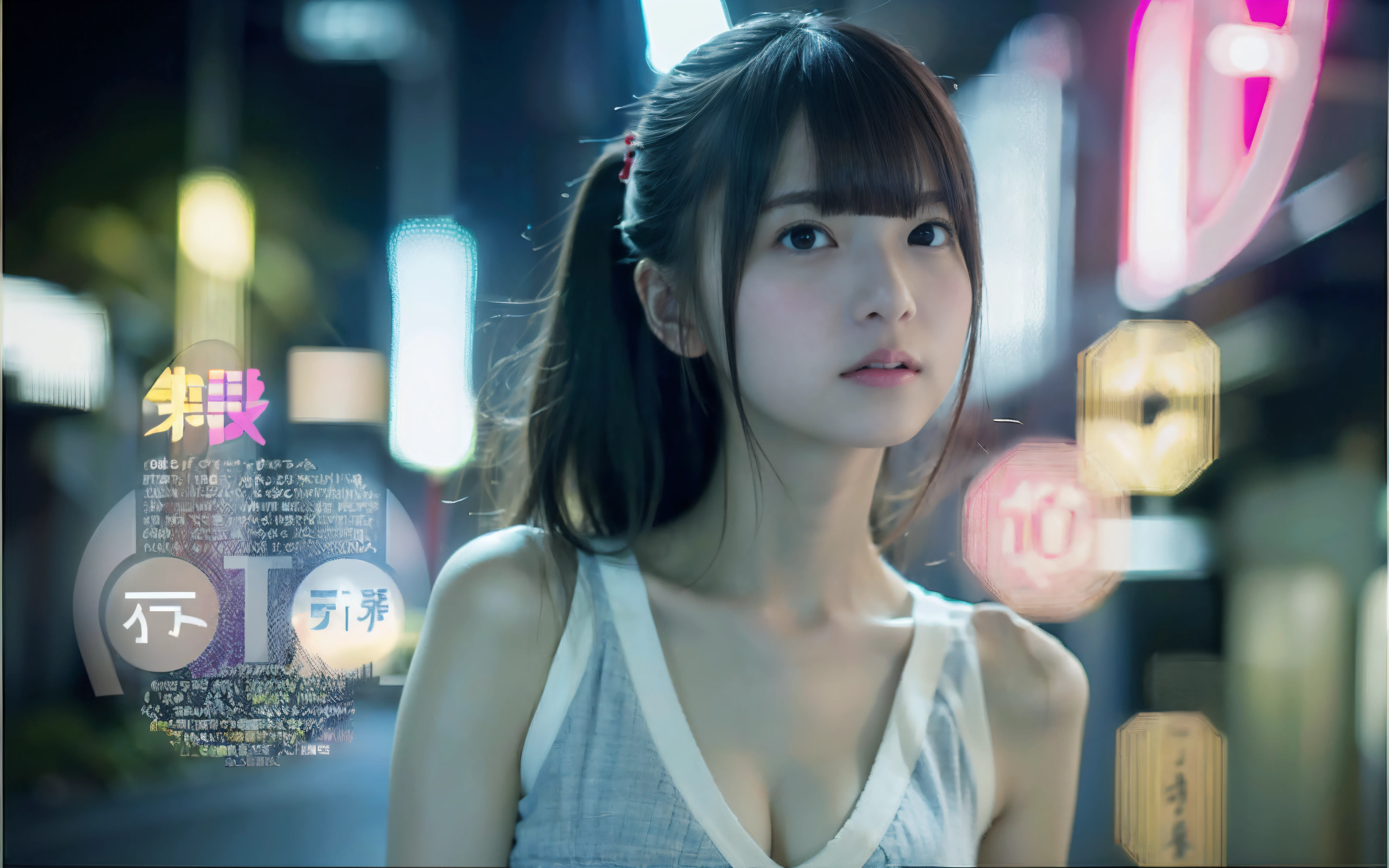 NSFW、女の子1人、on tokyo street、A city scape、Downtown at night、neons、The signboard is dazzling、The upper part of the body、a closeup、a smile、、(8K、Raw photography、top-quality、​masterpiece:1.2)、(realisitic、photoRealstic:1.37)、Highly detailed eyelash drawing、(((Top image quality))),Colossal tits、slender。Fine skin, (Beautiful hair), (Perfect Anatomy), (Realistic),Sensual look、top-quality、hight resolution、(((full bodyesbian)))、Denim tight shorts、Short T-shirt with a visible stomach、(high-heels)