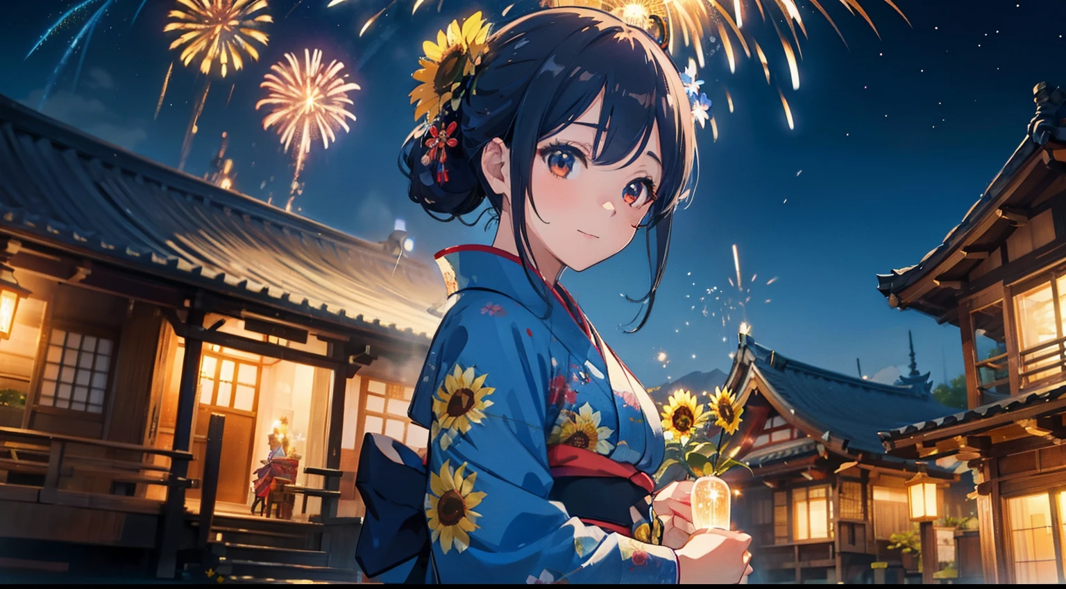 ​masterpiece、top-quality、Movie stills、1girl in、Blue kimono、Sunflower print kimono、with light glowing、Happiness、kawaii、homeliness、Fantastical、Night view of fireworks（Spark：0.7）