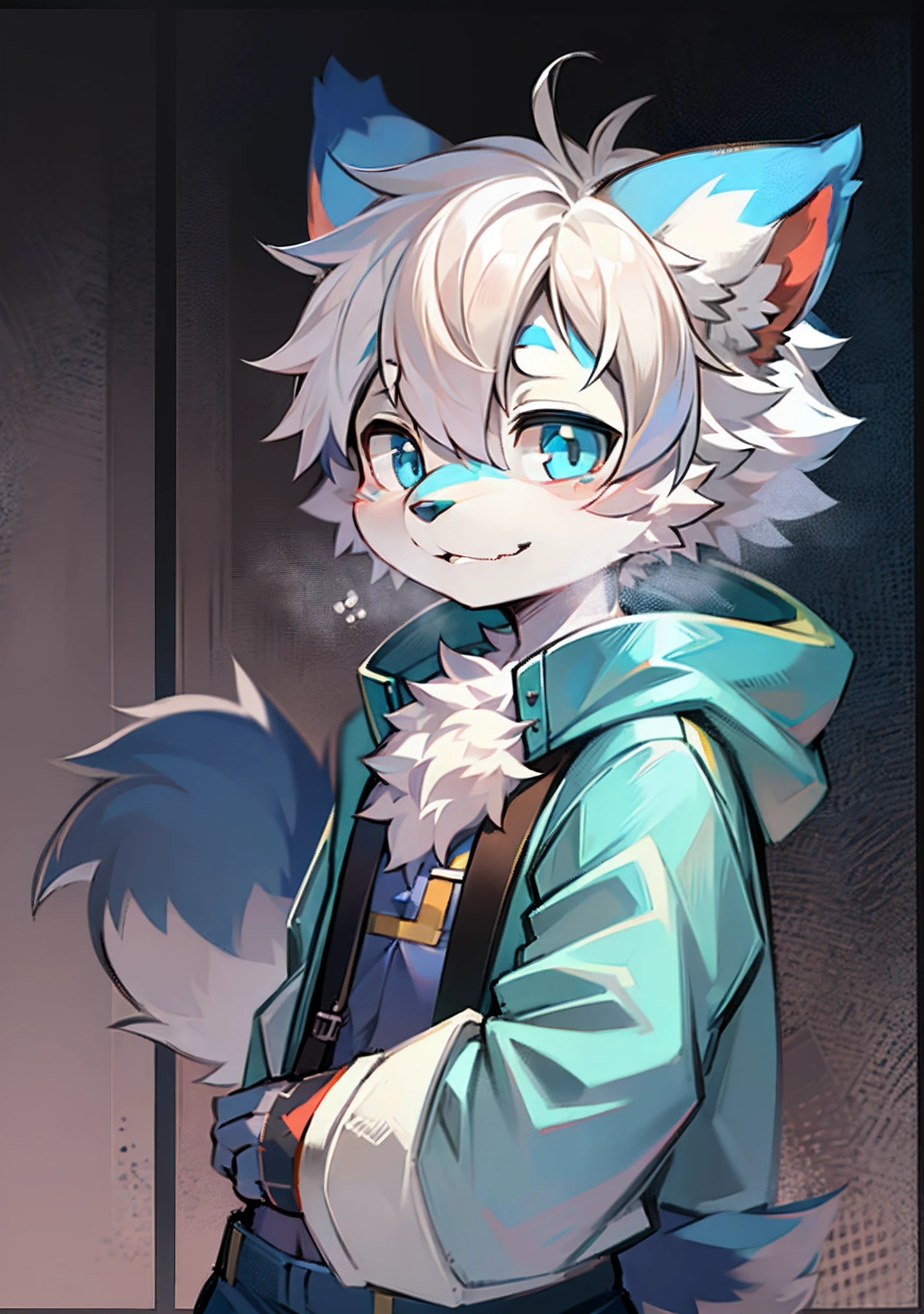 Bright eyes, character bust photo, Q version, avatar frame, character focus, solo, furry, furry male wolf, male blue fur, blue eyes, white hair (long) Shota style, little cute, will sell cute, wearing blue clothes and pants, has a tail