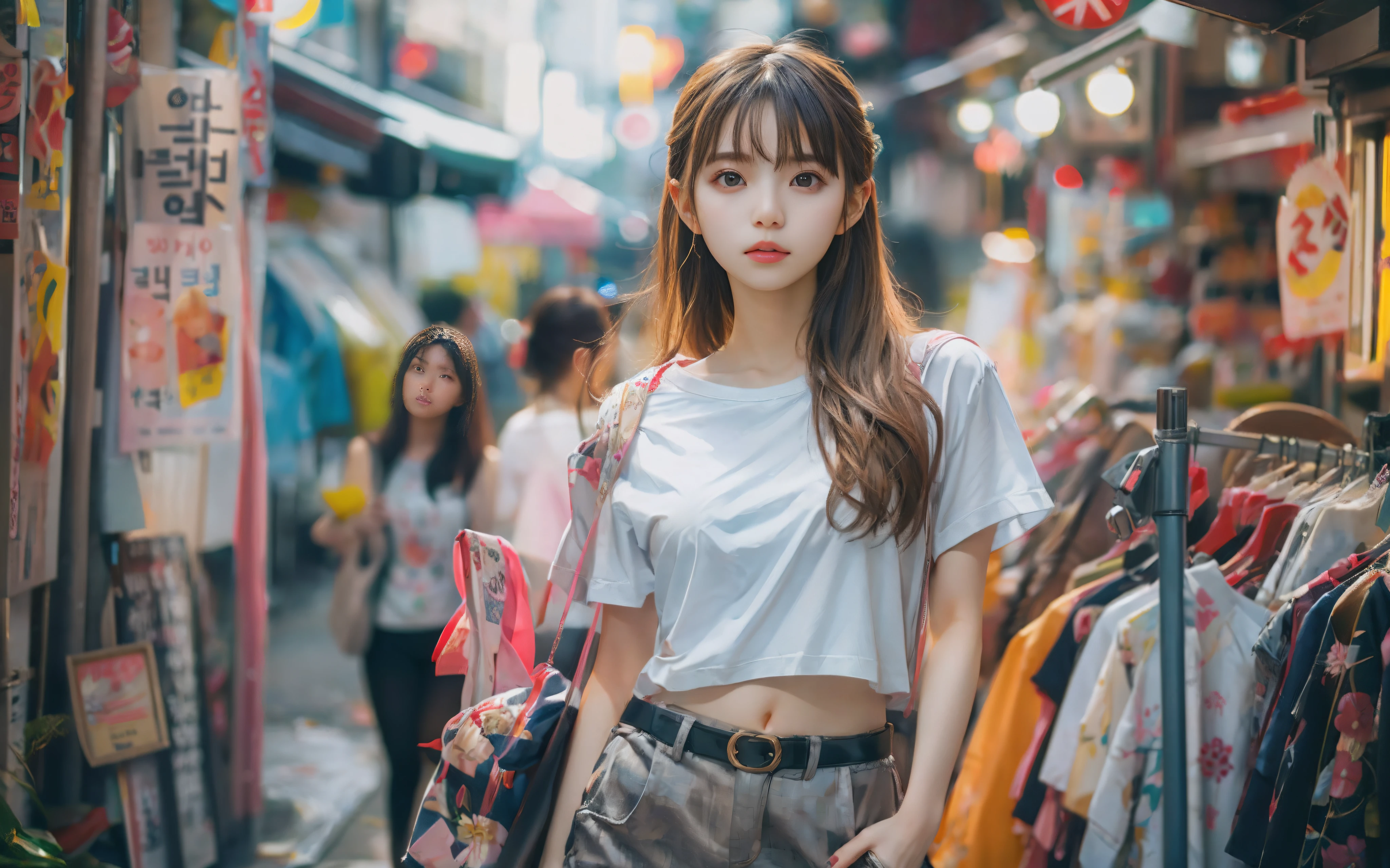 8k, top-quality, (pubic hair beauty)、hight resolution, realisticlying, realperson, Woman standing in front of a stall on a busy street、a picture inspired by Yuumei、Unsplash Contest Winner、真实感、a Korean girl、Ulzo、Beautiful Korean Woman、chinaese girl、Popular Korean Makeup、Korean Female Fashion Models、Popular Korean Makeup、Beautiful young Korean woman、Street fashion in the streets of Japan、Korean Women、japanese streetwear、shortpants、T-shirt that exposes the belly