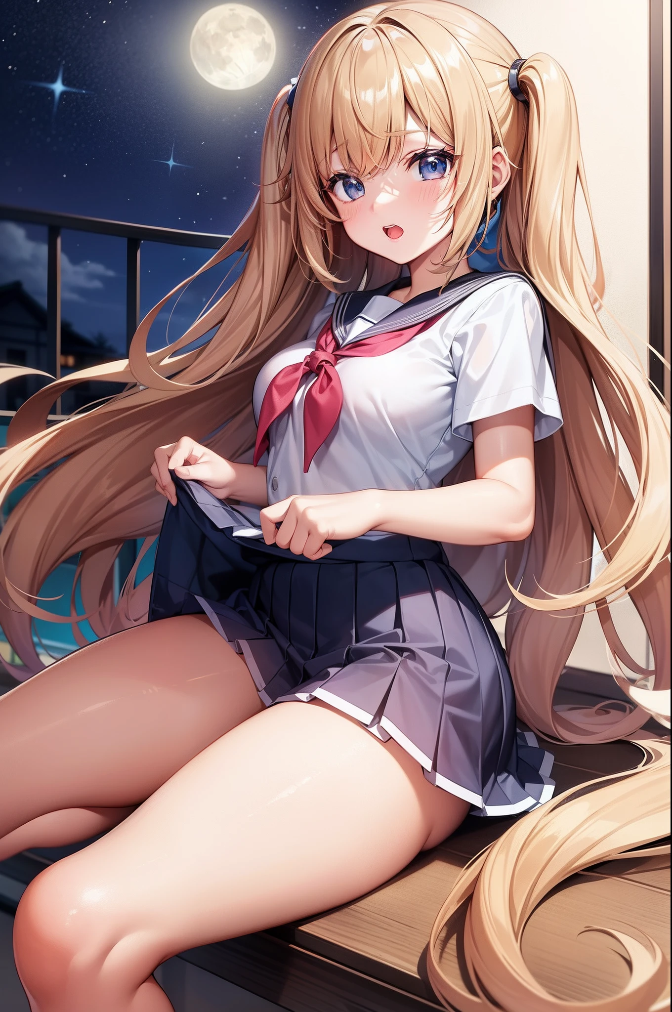 Puni high school girl in a sailor suit with thick thighs in the school infirmary late at night、a moon、stele