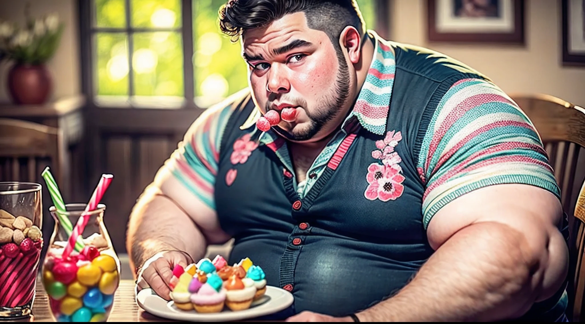A fat young man is sitting at the table and having in it numerous sweets and he compulsively eats many of these sweets looking anxious, sem mostrar o seu rosto, mas mostrar o ambiente de forma bem detalhada