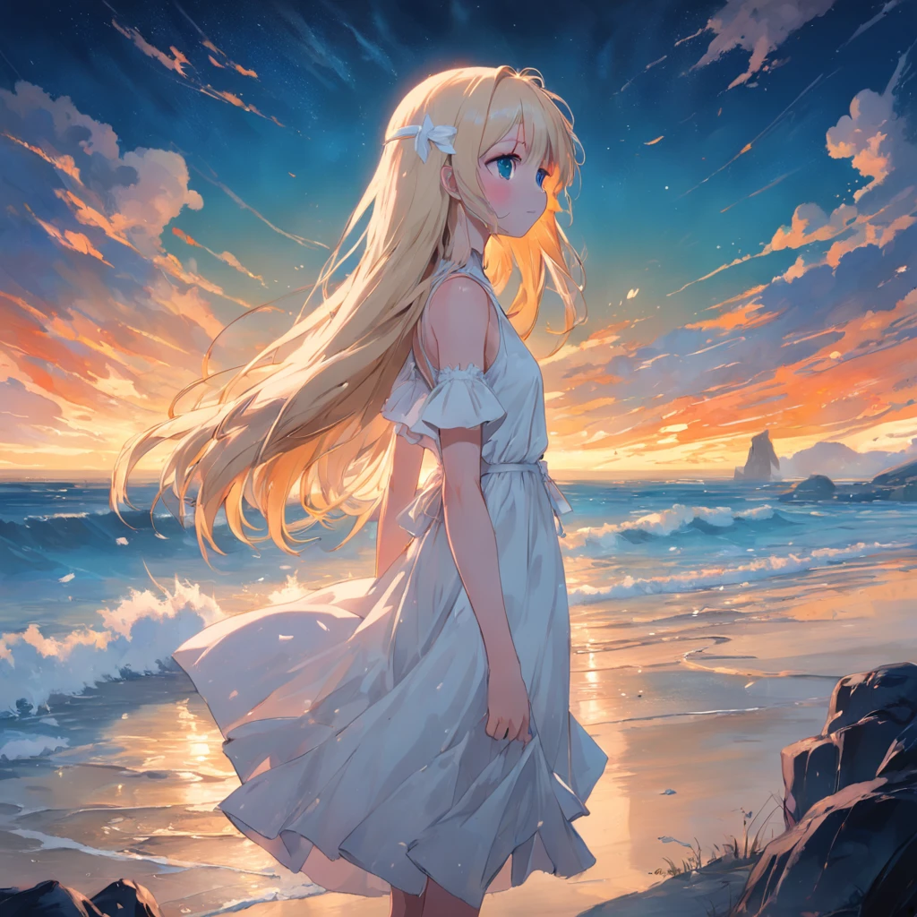 Girl in white dress by the sea in summer,Accompany the crow all the time,The girl has long blonde hair