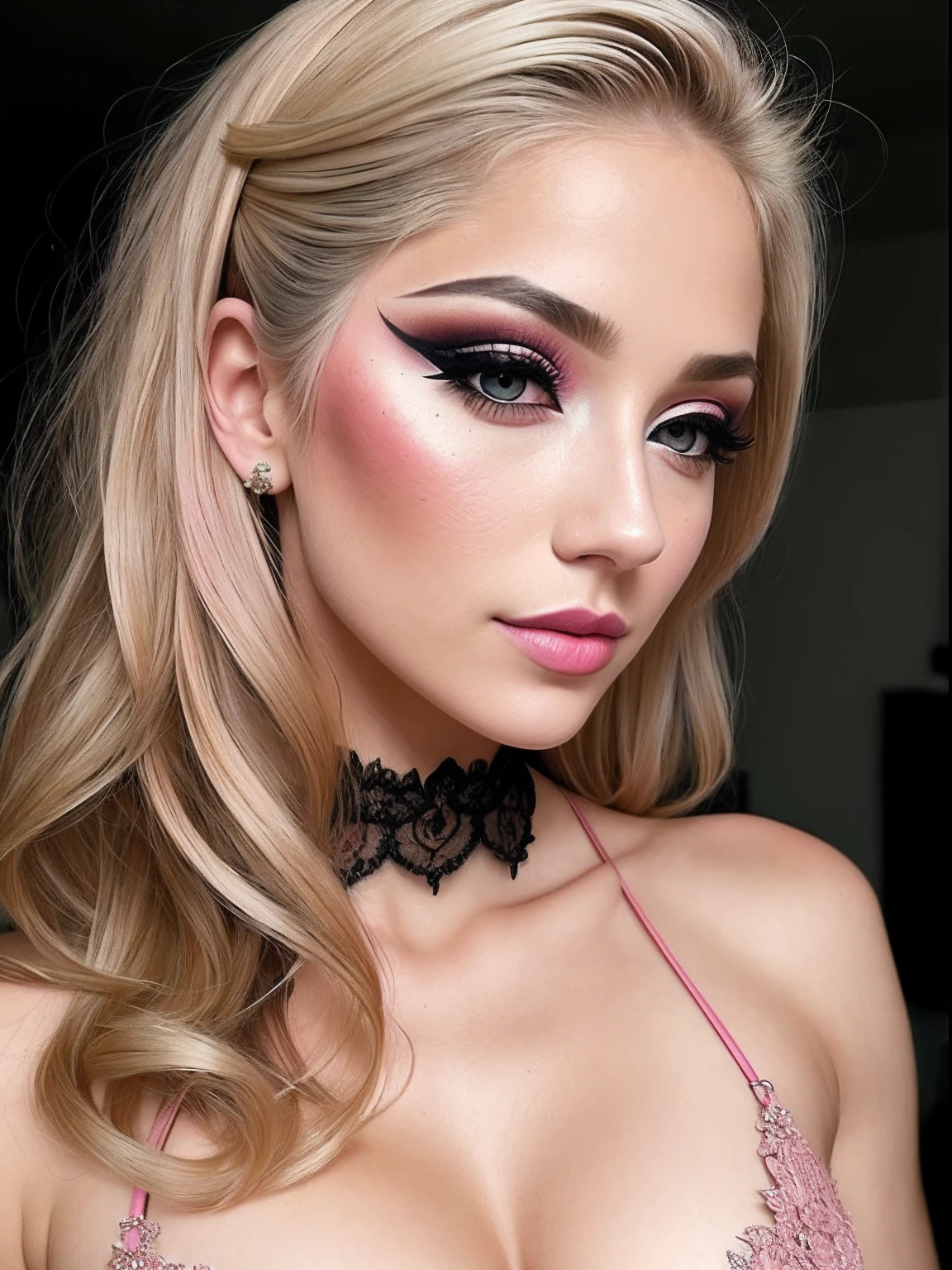 A portrait of a blonde, (makeup:1.4), amazing body, (fit body:1.2), lace outfit, highly detailed fur, natural skin texture, 4k textures, detailed belly, Highly detailed perfect smooth skin, Lightroom, Intricate, Ultra-Realistic, Out There, (HDR:1.3), UHD, (Intricate Detail, Hyper-Detailed:1.1), Cinematic, Photoreal, (Dark Shot:1.2), Dramatic, High Contrast, (Warm Color:1.1) , muted colors, master piece, elegant, sharp focus, pink gucci bow
