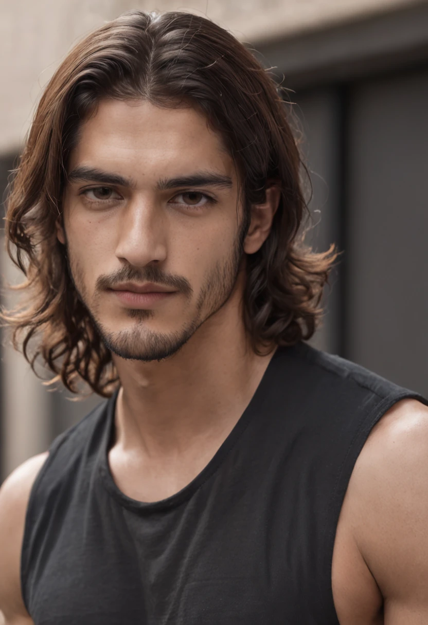 Long-haired man with black shirt in front of a building, avan jogia anjo, inspirado em Luca Zontini, sebastian luca, inspirado em Adam Dario Keel, Orelsan, he is wearing a black t-shirt, Riccardo Scamarcio placeholder image, Foto de perfil, young man with medium - length, Federico Pelat, caio santos