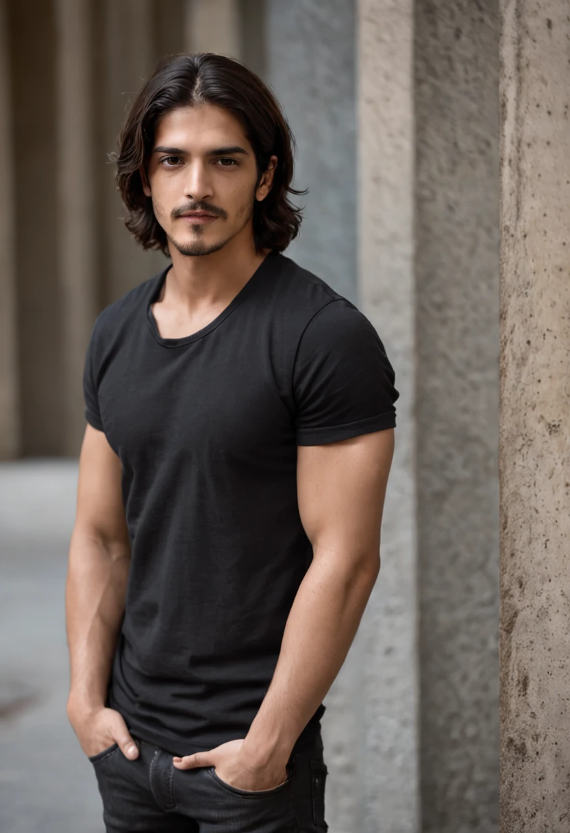Long-haired man with black shirt in front of a building, avan jogia anjo, inspirado em Luca Zontini, sebastian luca, inspirado em Adam Dario Keel, Orelsan, he is wearing a black t-shirt, Riccardo Scamarcio placeholder image, Foto de perfil, young man with medium - length, Federico Pelat, caio santos