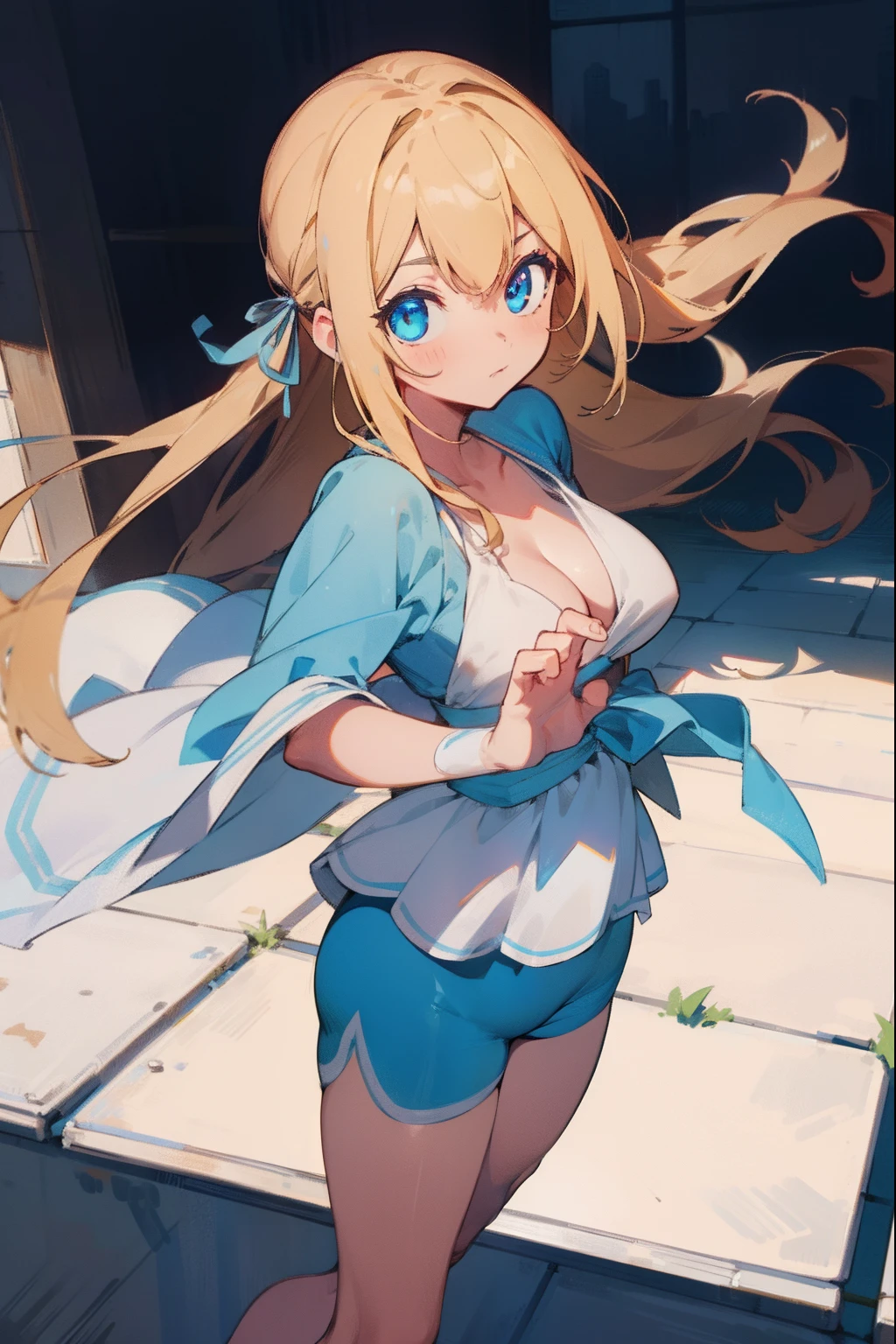 amagisylphy, sylphy, blonde hair, blue eyes, hair ribbon, long hair, ribbon, two side up,
BREAK cleavage, shorts, short shorts, blue shorts,
BREAK looking at viewer,
BREAK outdoors, city,
BREAK (masterpiece:1.2), best quality, high resolution, unity 8k wallpaper, (illustration:0.8), (beautiful detailed eyes:1.6), extremely detailed face, perfect lighting, extremely detailed CG, (perfect hands, perfect anatomy),